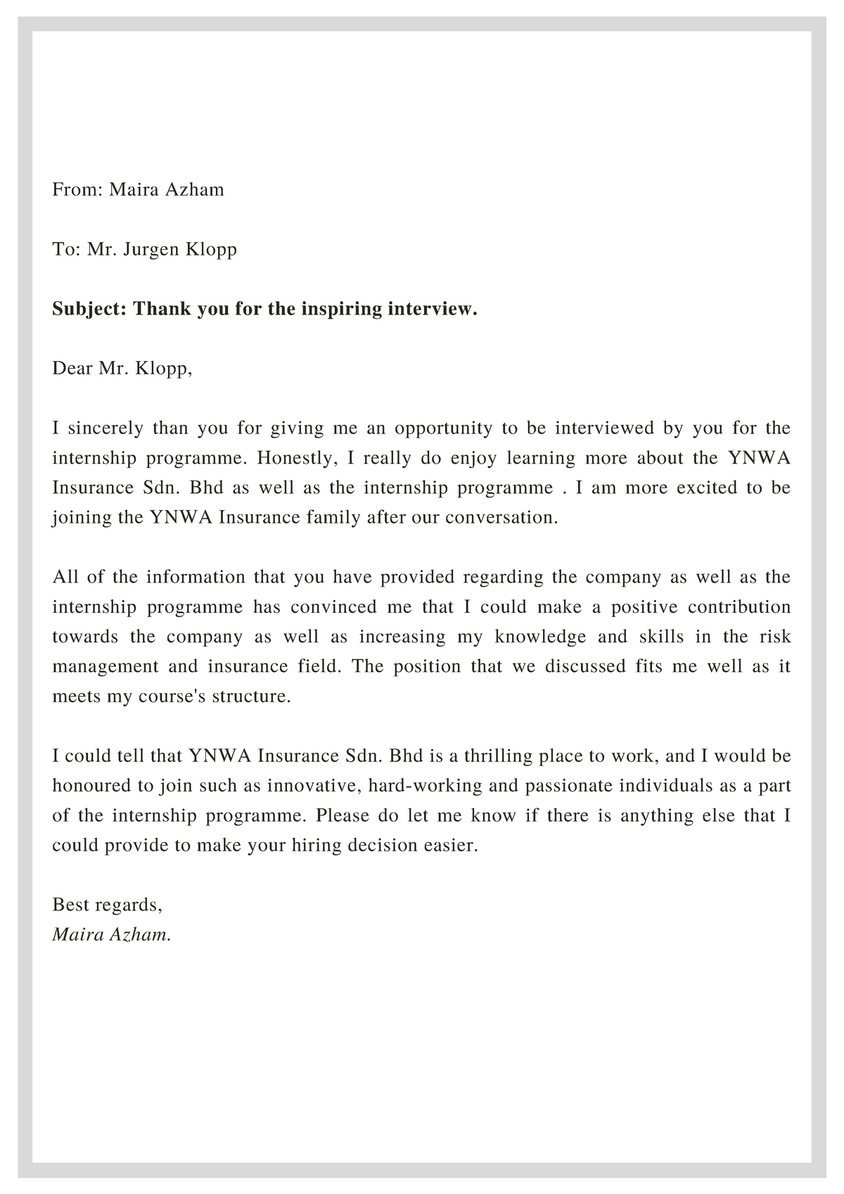 Internship Programme Example Of Thank You Letter From Maira Azham To   Thumb 1200 1697 