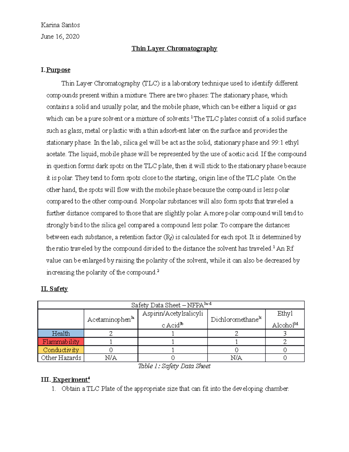 Thin Layer Chromatography Lab Report Karina Santos June 16, 2020 Thin Layer Chromatography I