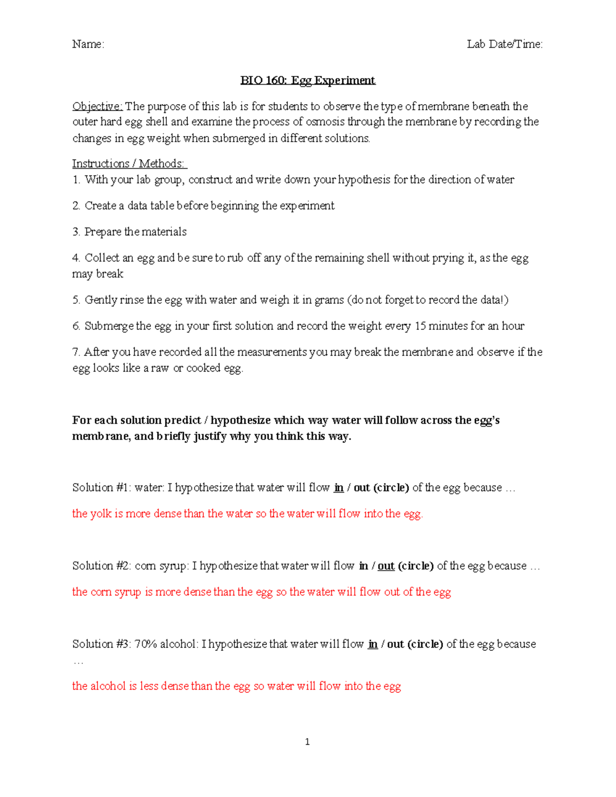 Osmosis and Fingerprint Lab BIO 160 Egg Experiment Objective The