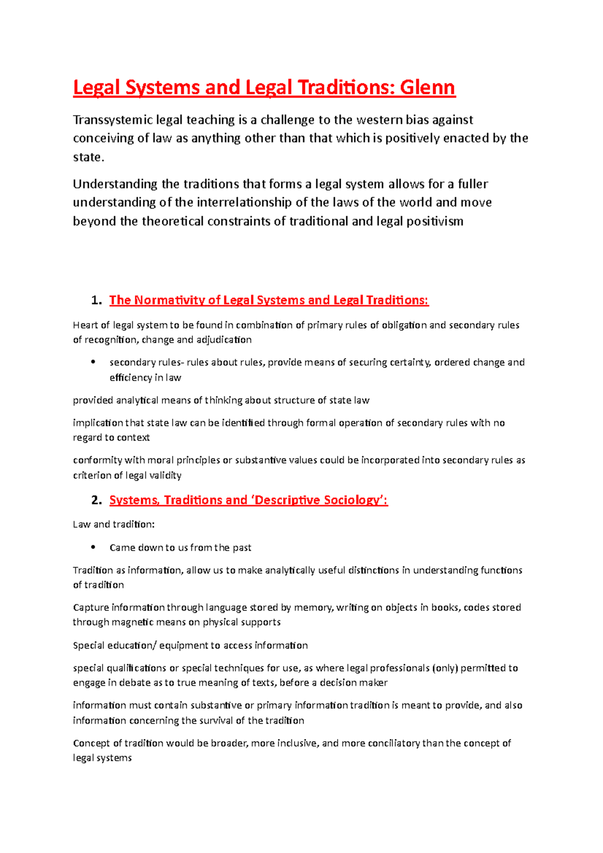 Notes Legal Systems and Legal Traditions Glenn Transsystemic legal