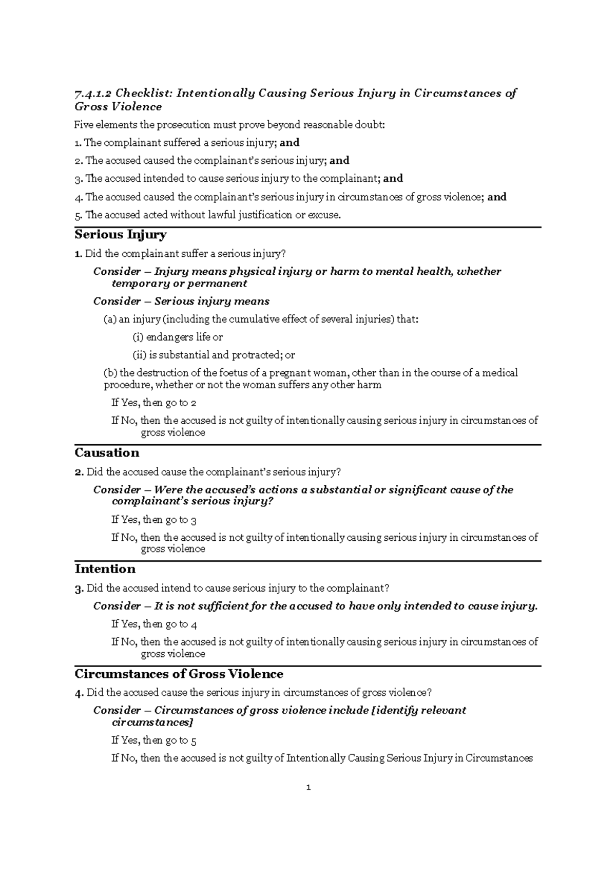Intentionally causing serious injury gross violence - 7.4.1 Checklist ...
