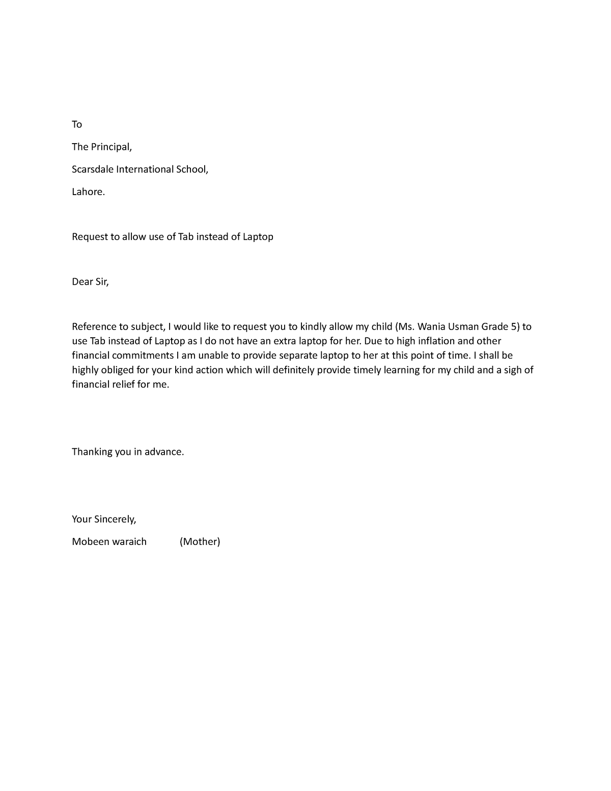 Application tab - To The Principal, Scarsdale International School ...