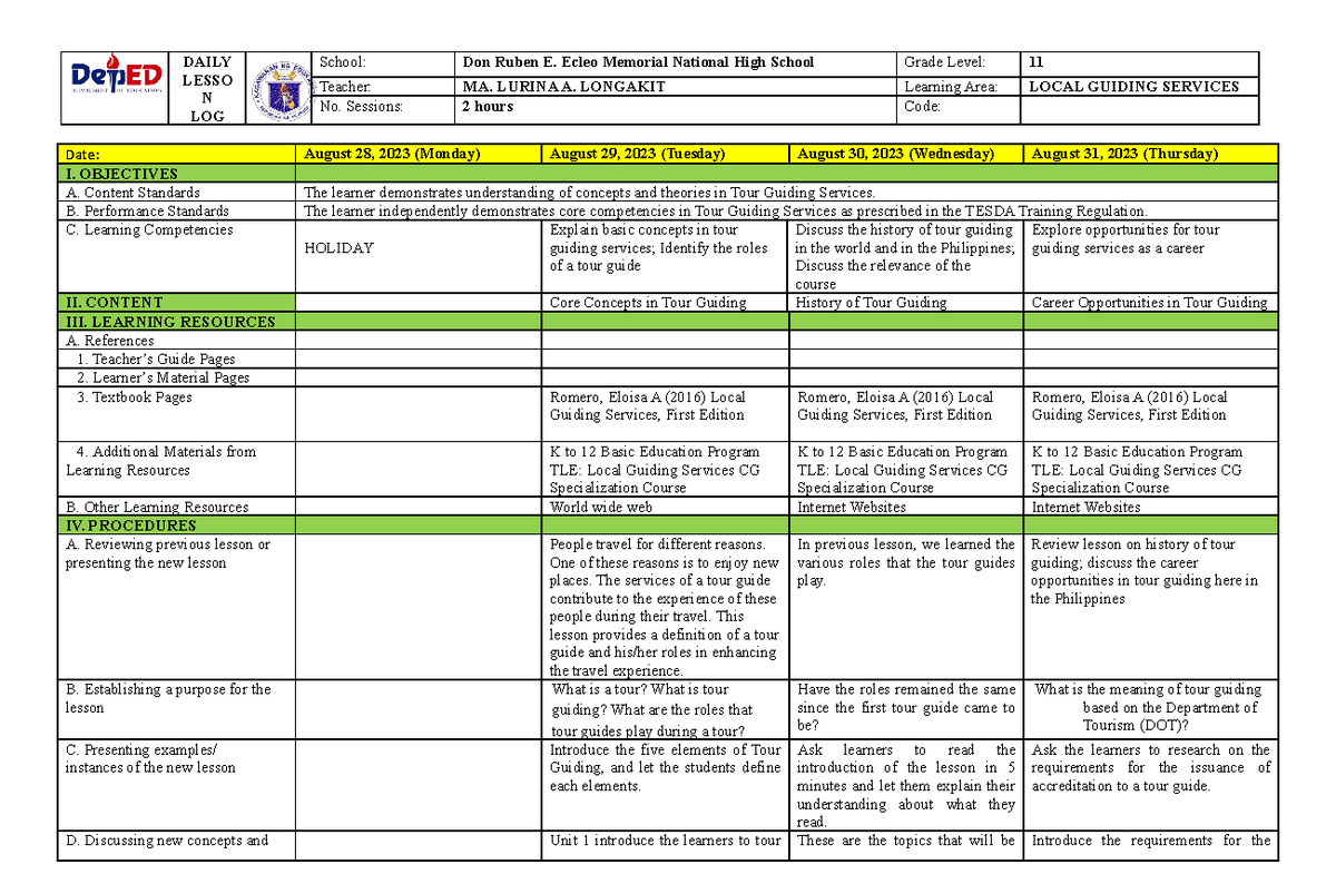 Dll Local Guiding - Week 1 - Daily Lesso N Log School: Don Ruben E 