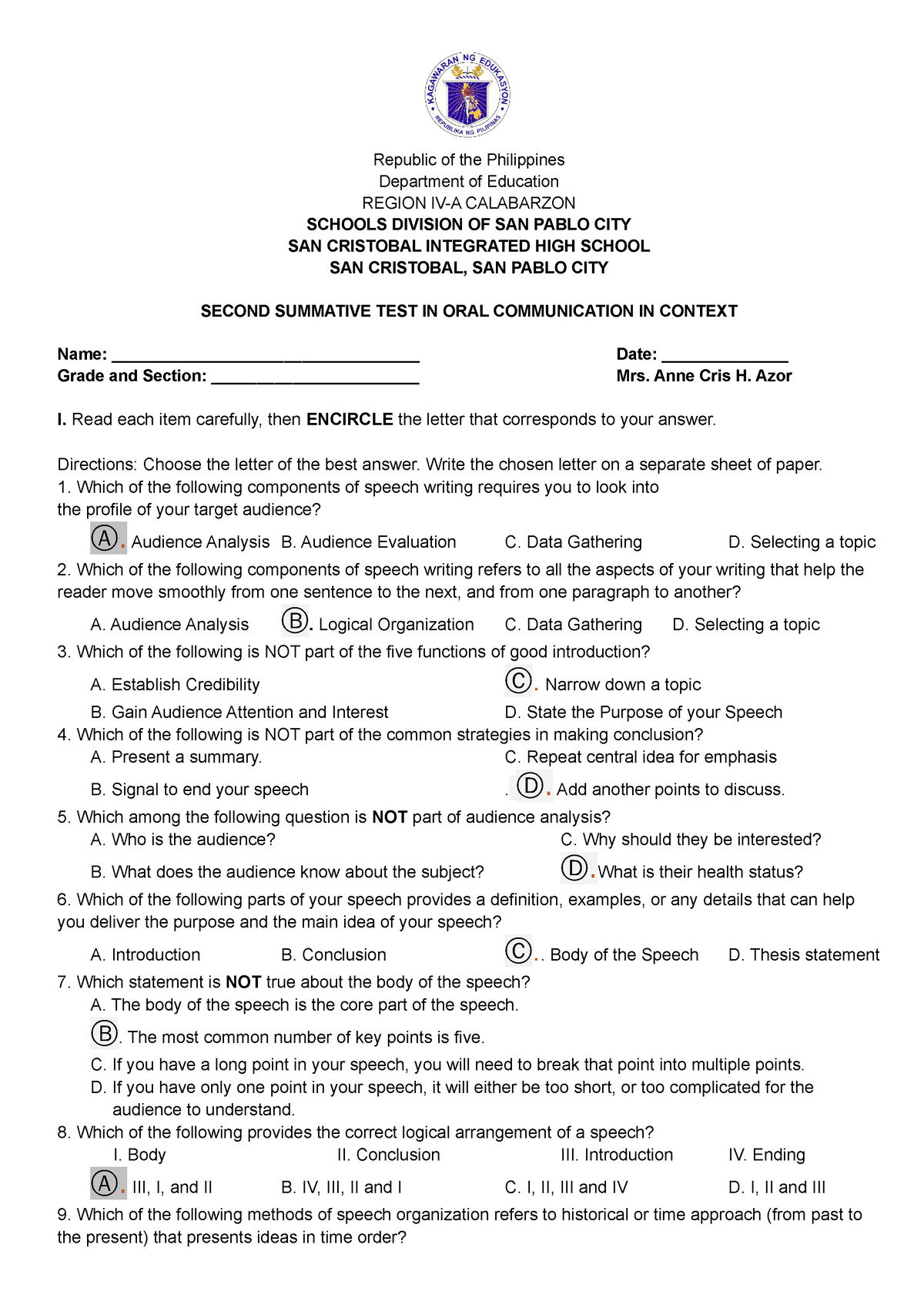 Midterm Exam In Oral Communication Grade 11 Answer Key