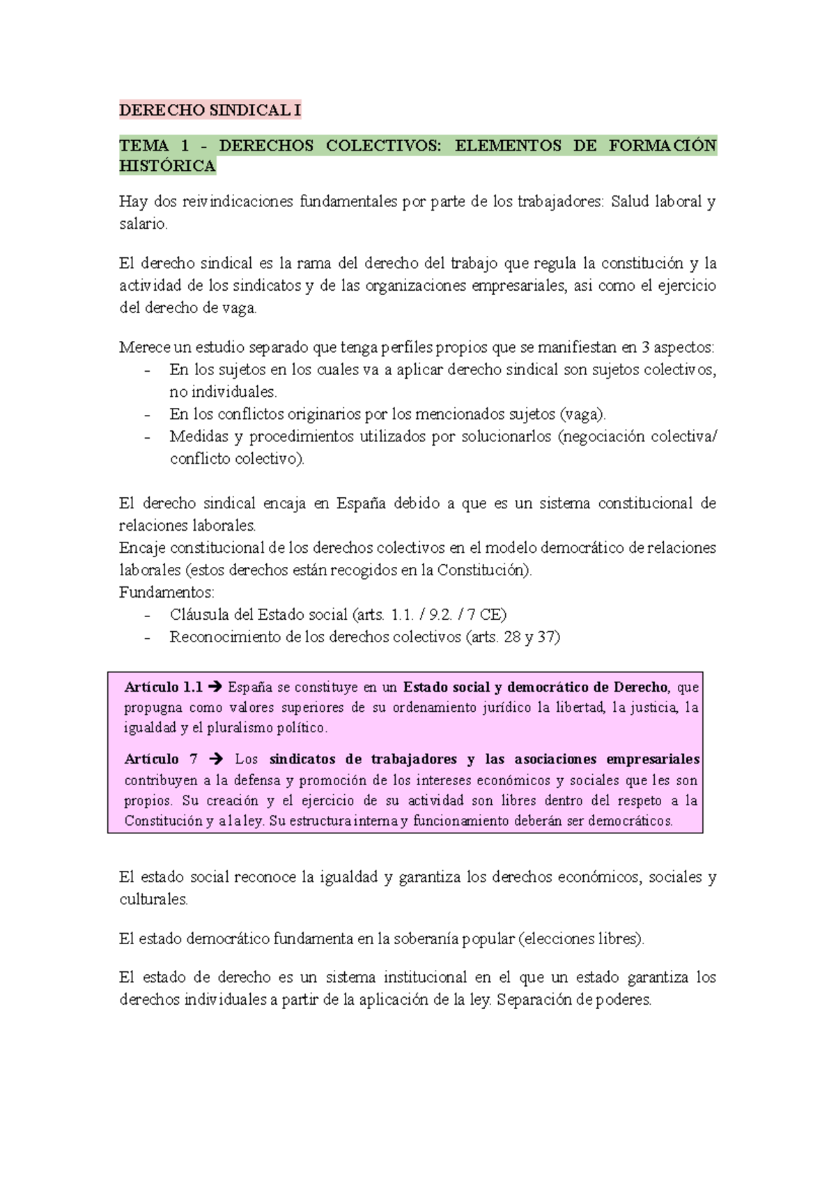 Dret Sindical - Tema 1 - Apuntes - DERECHO SINDICAL I TEMA 1 - DERECHOS ...