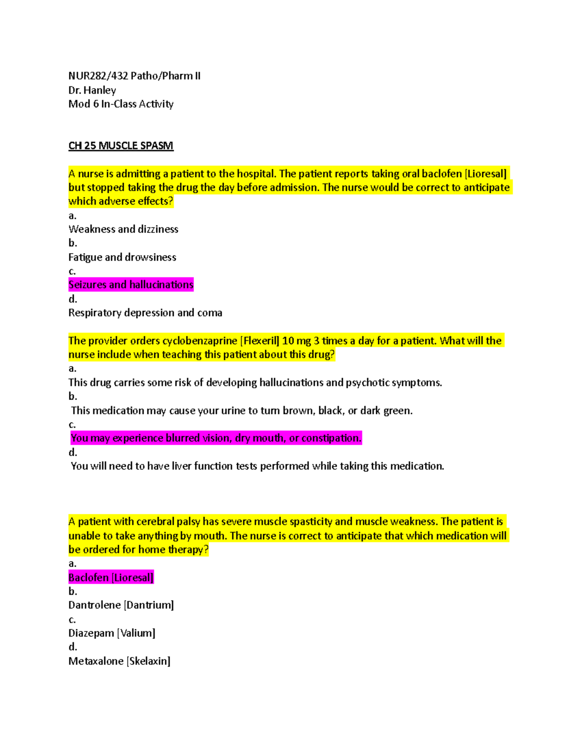 Mod 6 In-Class Activity SV - NUR282/432 Patho/Pharm II Dr. Hanley Mod 6 ...
