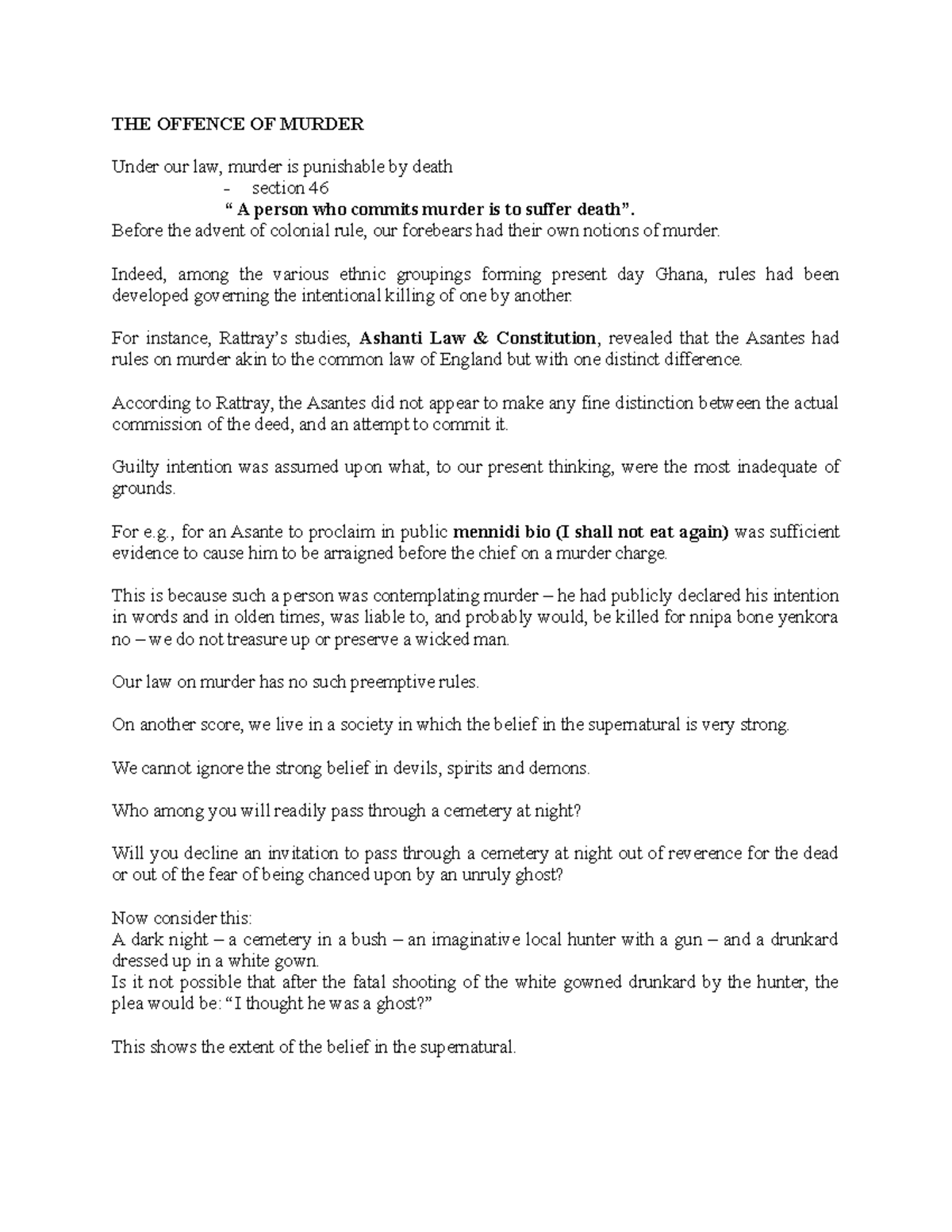 Notes ON Murder - THE OFFENCE OF MURDER Under our law, murder is ...