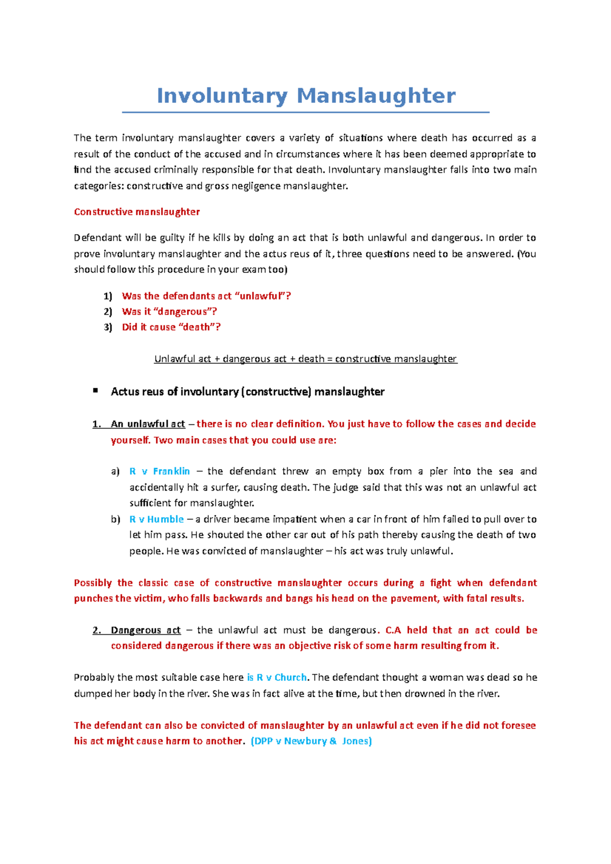 A2 Law - Involuntary Manslaughter - Involuntary Manslaughter The term ...