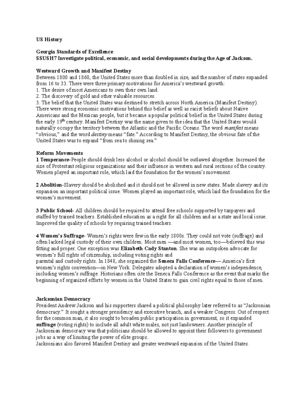 Jacksonian Democracy US History Standards of Excellence