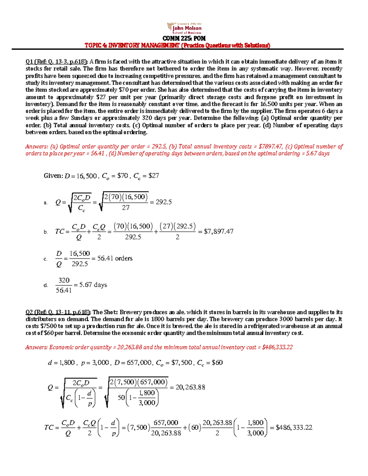 Inventory Management Questions (Practice) With Answers COMM 225 POM