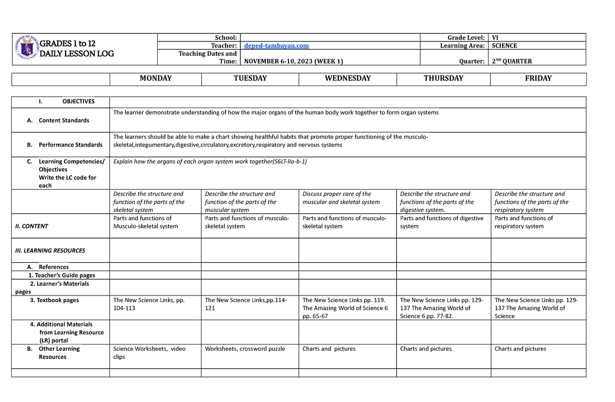 DLL Science 6 Q2 WEEK 1 - GRADES 1 To 12 DAILY LESSON LOG School: Grade ...