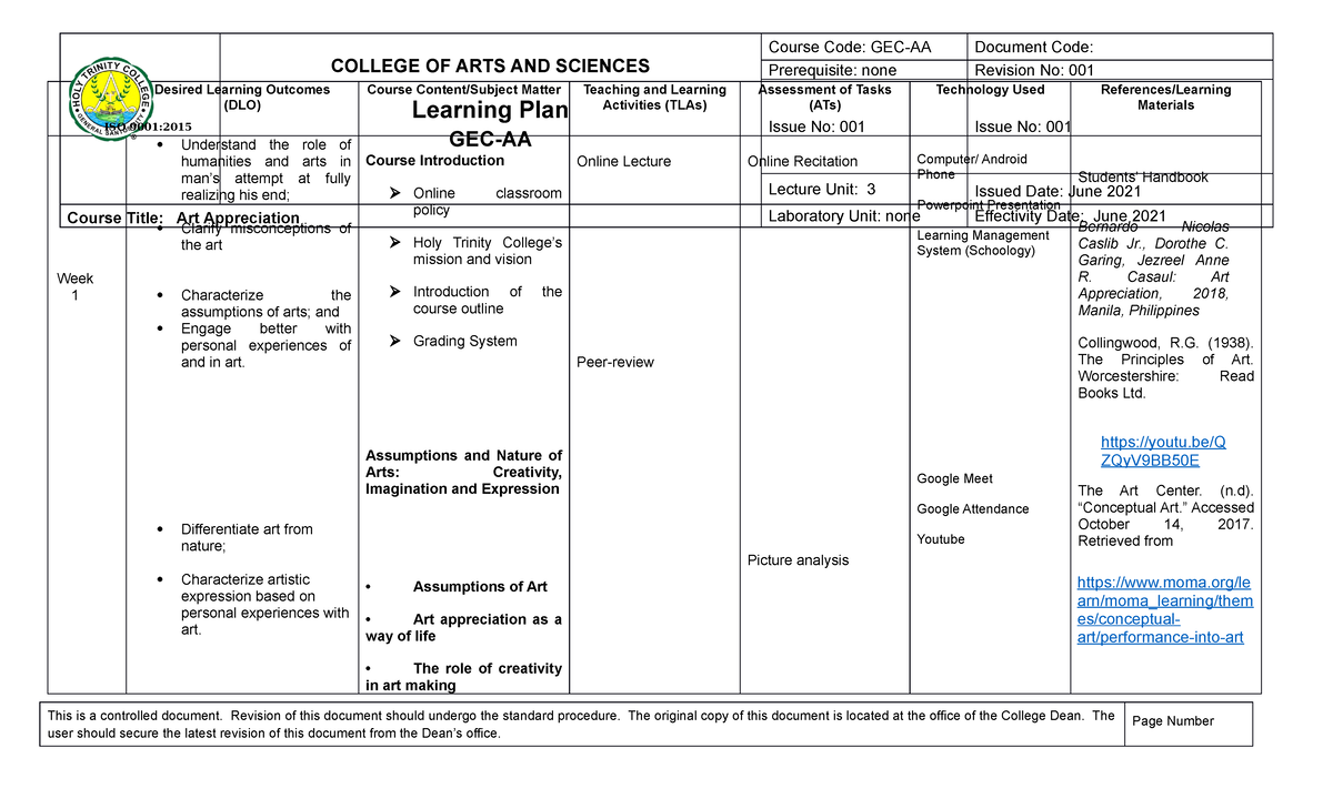 GECAA Learning Plan General Education Subject Week Desired