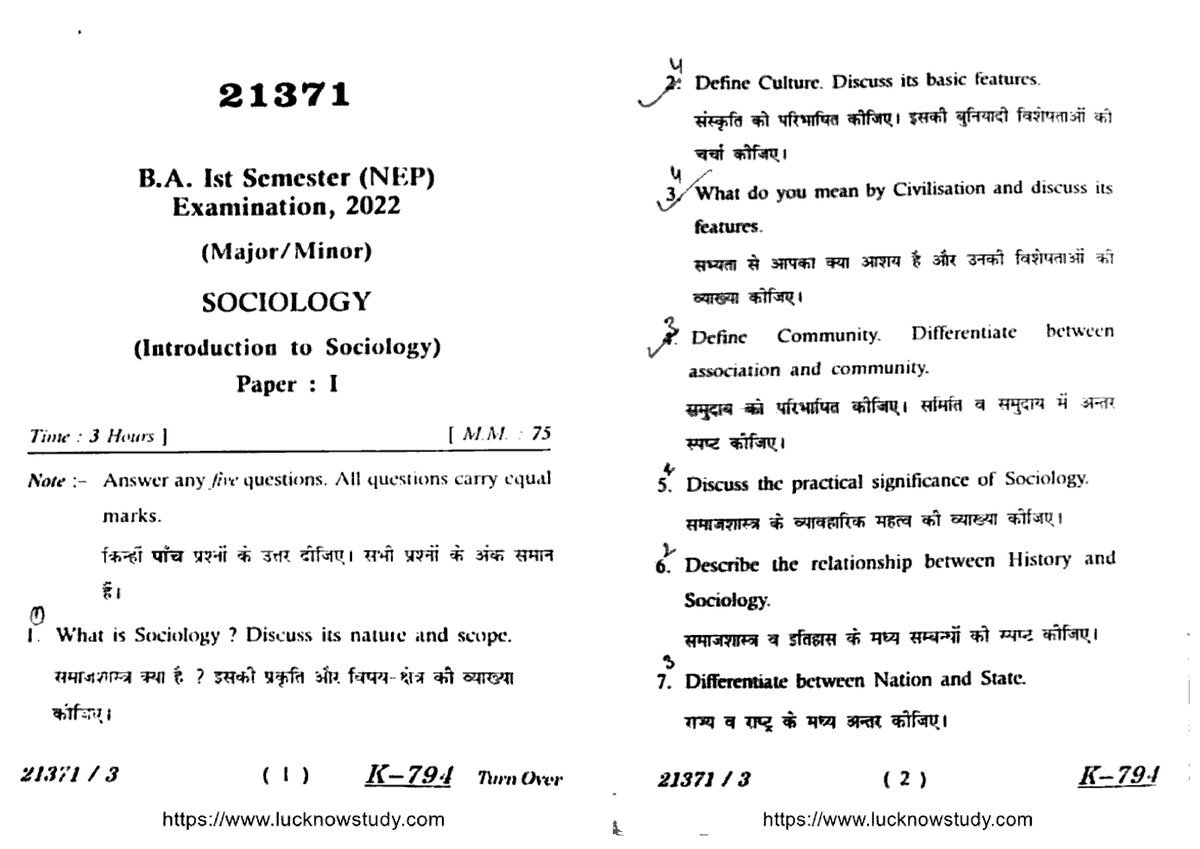 Ba 1 Sem Sociology Introduction To Sociology 21371 2022 - Bachelors Of ...