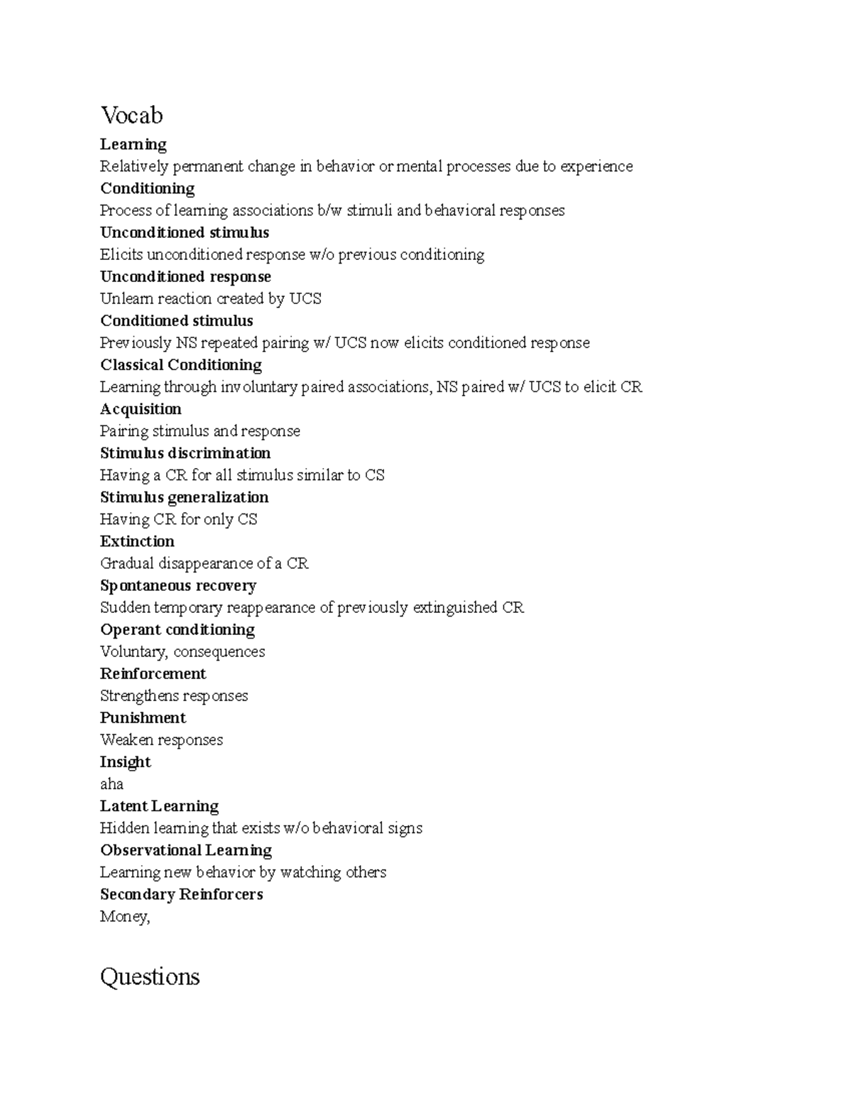 Chapter 6 study guide - Vocab Learning Relatively permanent change in ...