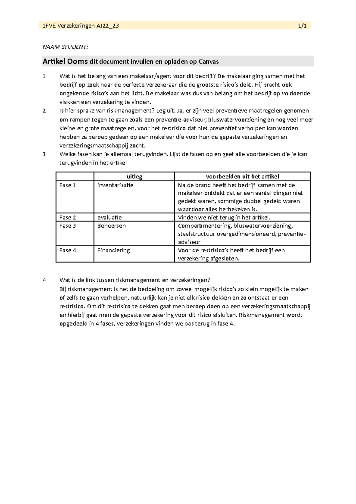 Vragen Artikel Ooms - 1FVE Verzekeringen AJ22_23 1/ NAAM STUDENT ...