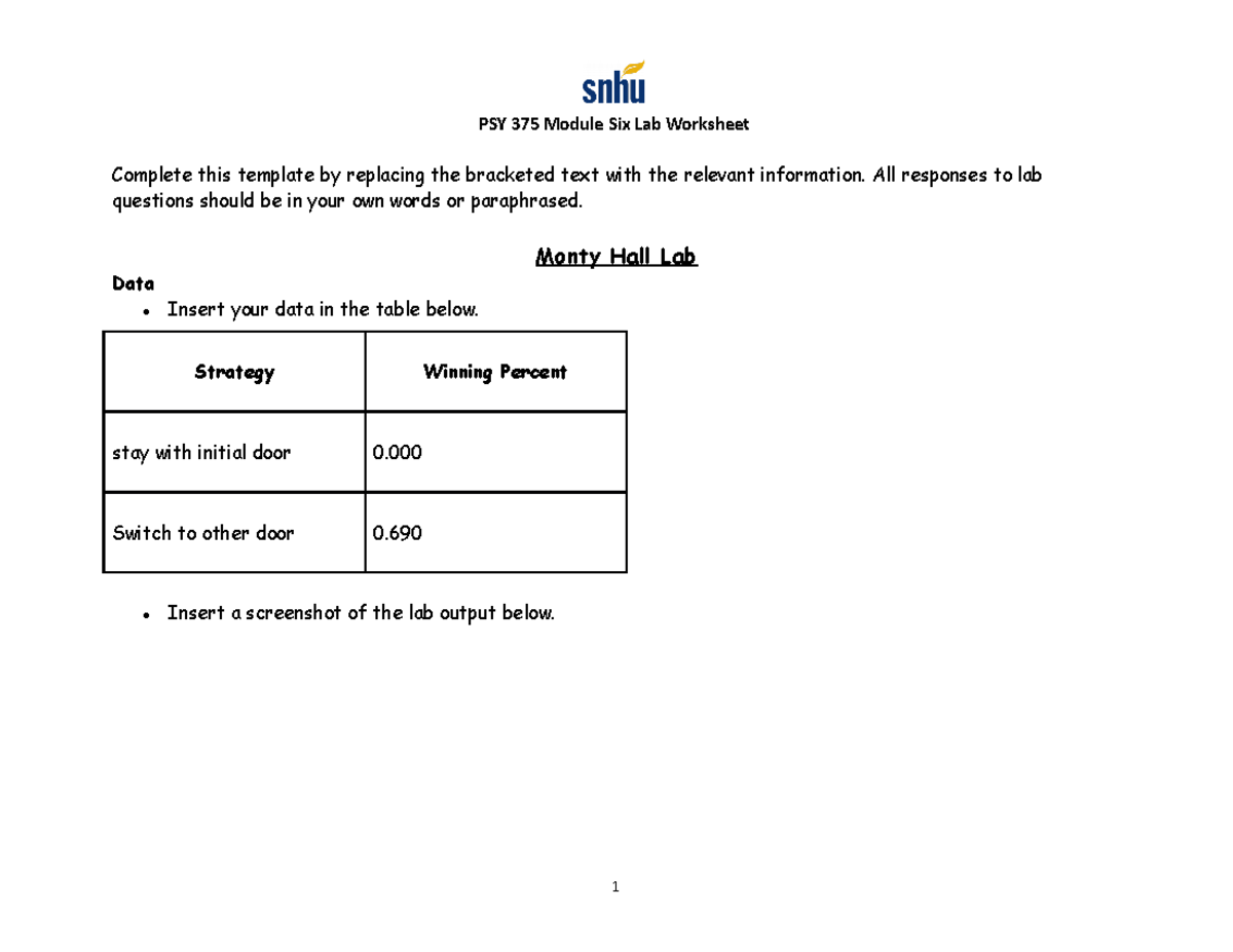 PSY 375 Module Six Lab Worksheet - PSY 375 Module Six Lab Worksheet ...