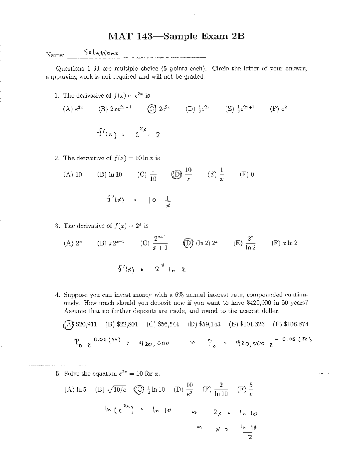 Sample Exam 2B Solutions - MAT 143 - Studocu