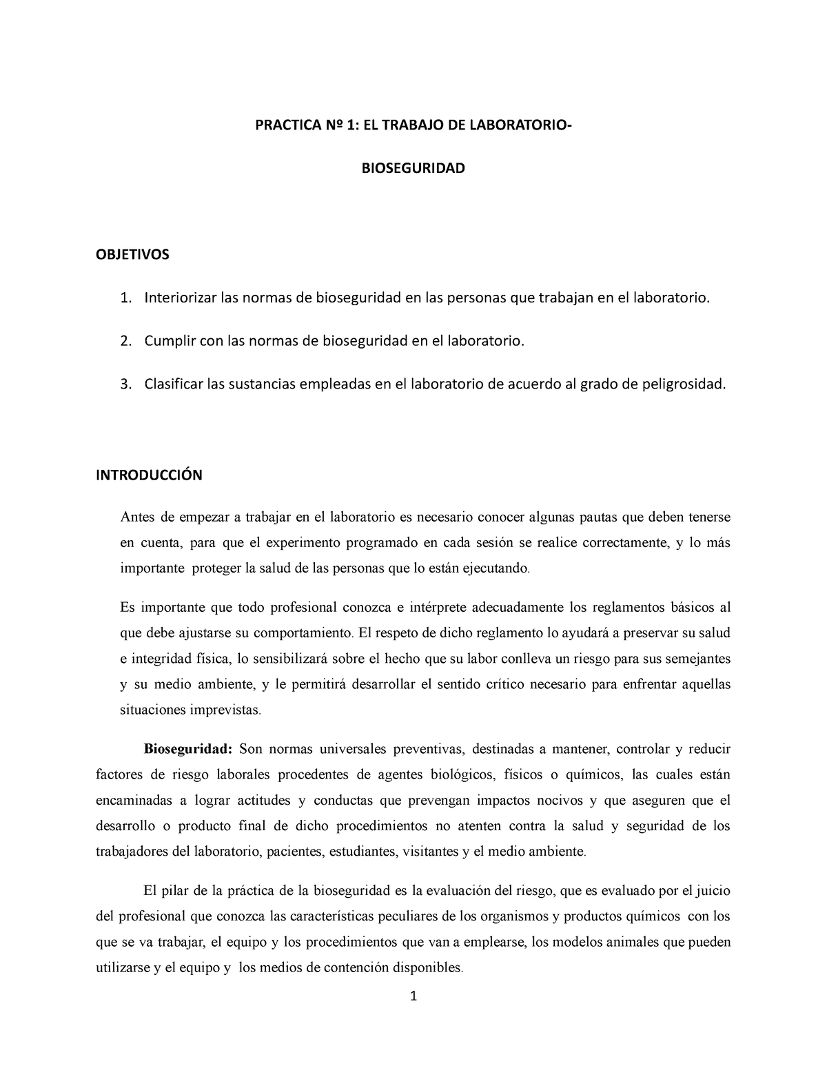 Practica 1 Bioseguridad Y Material De Laboratorio (1) - PRACTICA Nº 1 ...