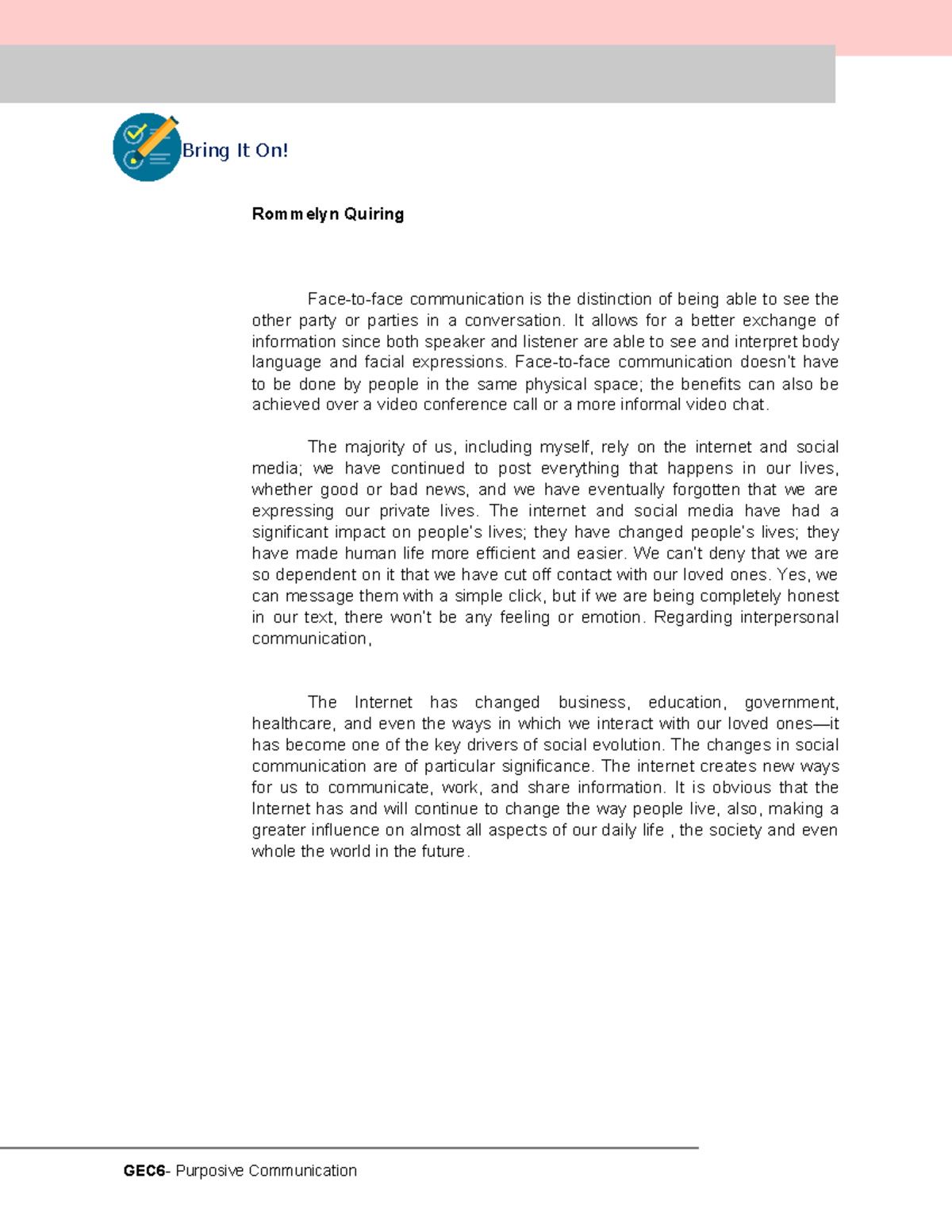 Reflection - GEC6- Purposive Communication Rommelyn Quiring Face-to ...