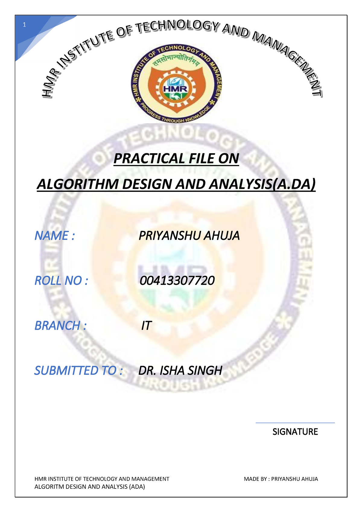 ADA Practical File - B.Tech. Project Part - Studocu