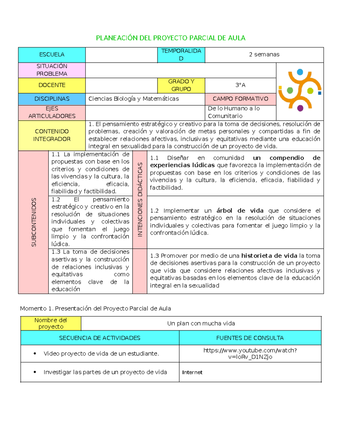 DHC Proyecto DE VIDA - PLANEACIÓN DEL PROYECTO PARCIAL DE AULA ESCUELA ...