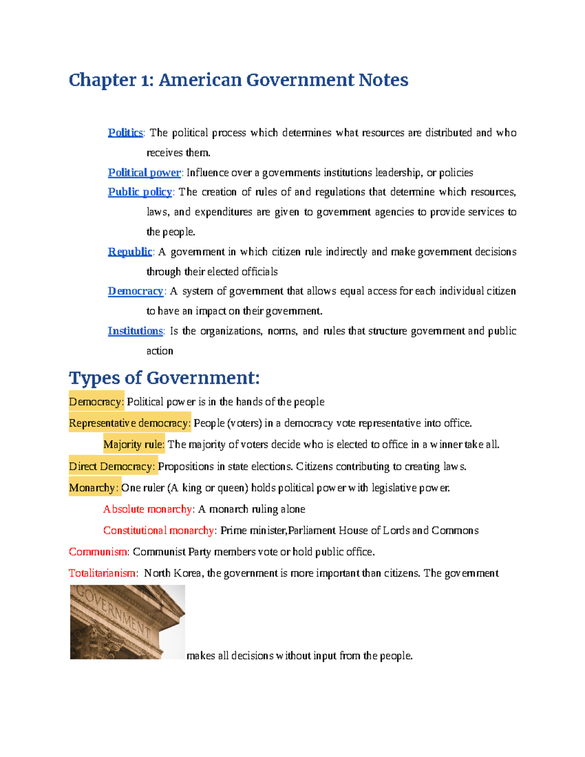 Governementch 1- Google Docs - Chapter 1: American Government Notes ...