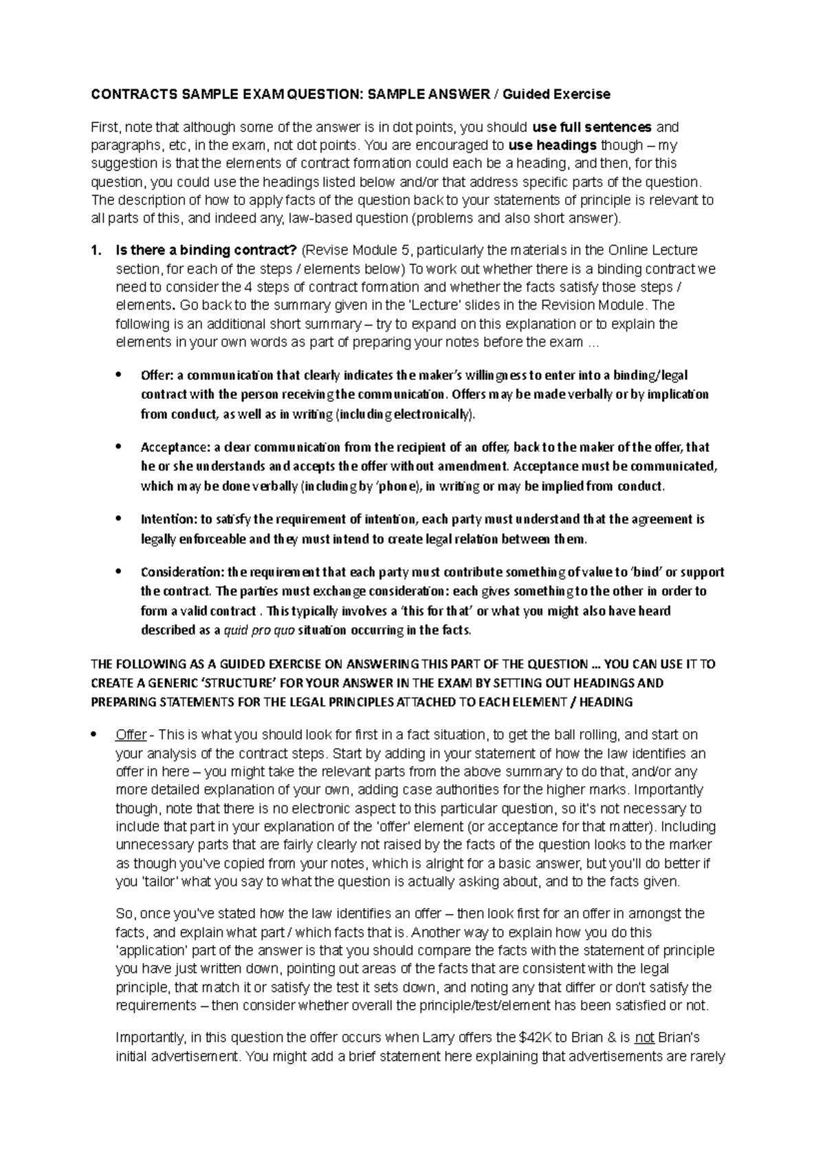 Guided contract answer - CONTRACTS SAMPLE EXAM QUESTION: SAMPLE ANSWER ...
