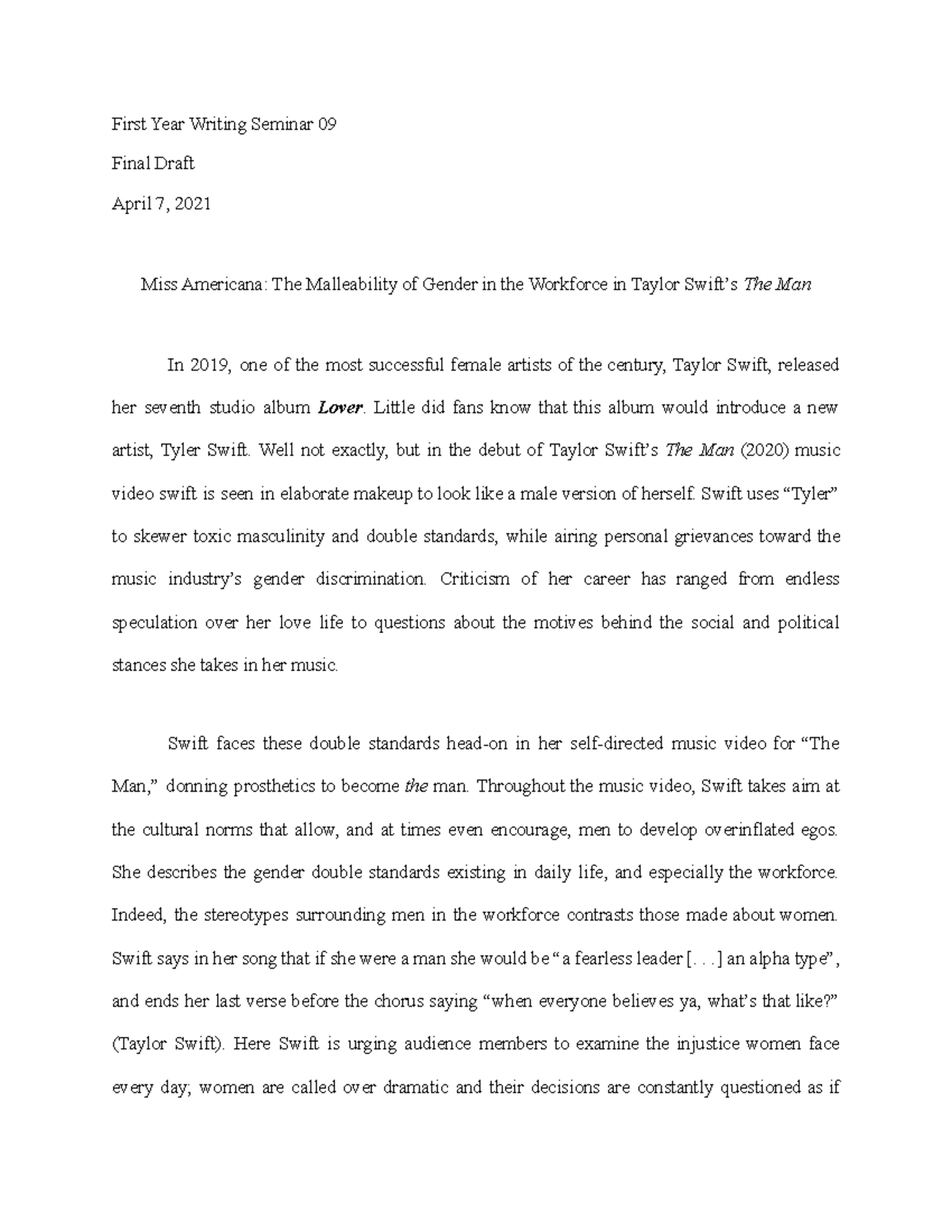 essay about the man by taylor swift