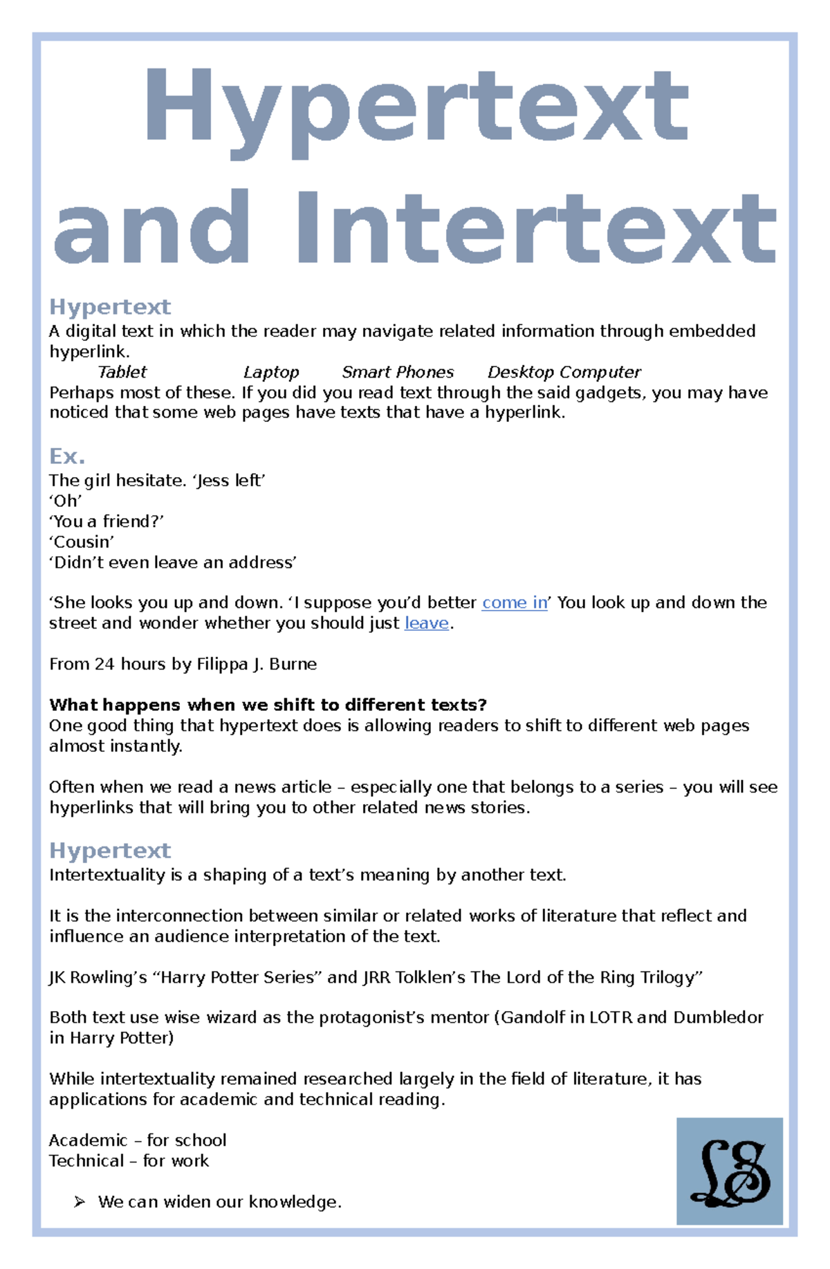 Hypertext and Intertext Hypertext and Intertext Hypertext A digital