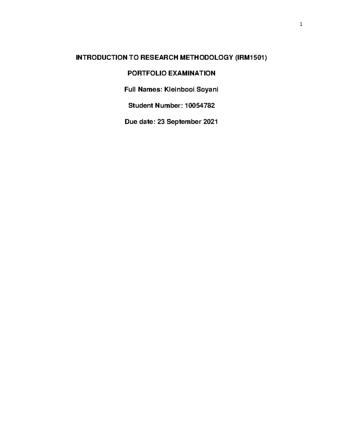 IRM1501 Final Porfolio 2021 - INTRODUCTION TO RESEARCH METHODOLOGY ...