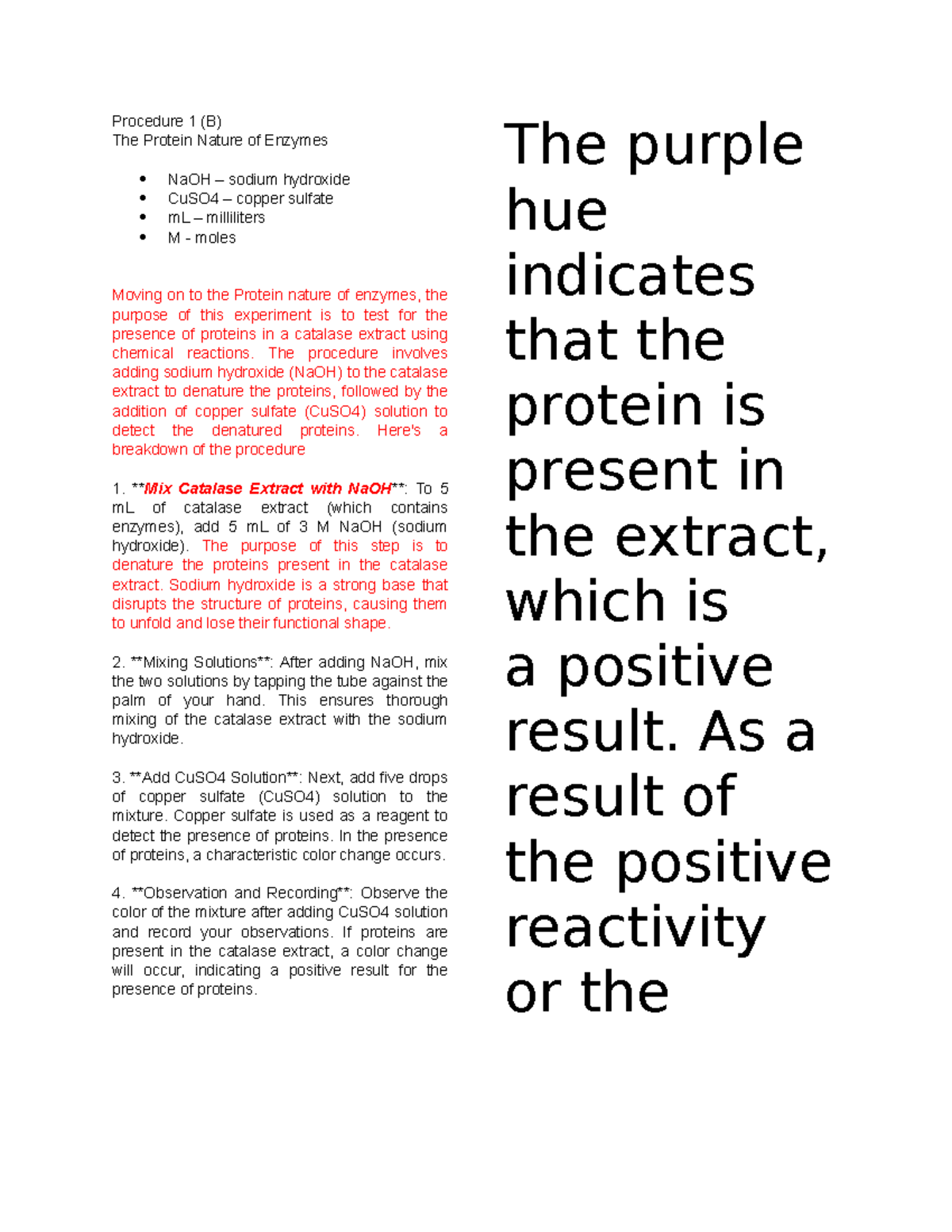Script Biochem - Procedure 1 (B) The Protein Nature of Enzymes NaOH ...