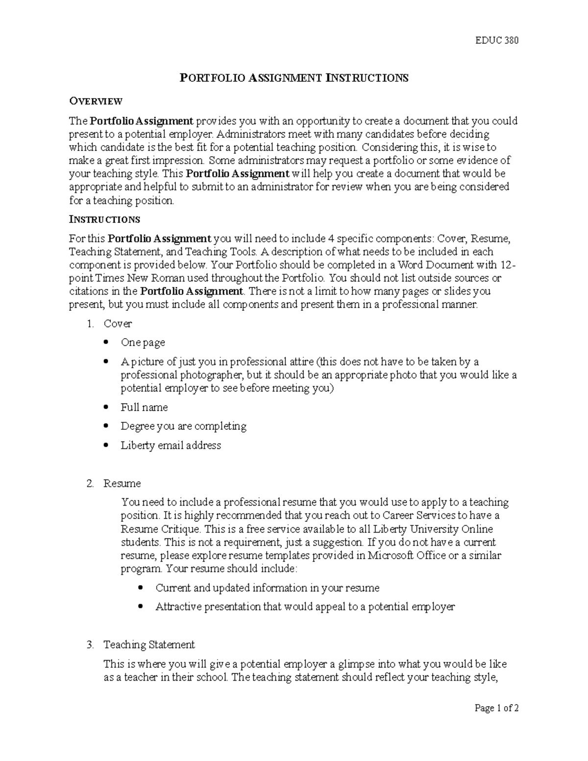 Portfolio Assignment Instructions - EDUC 380 PORTFOLIO ASSIGNMENT ...