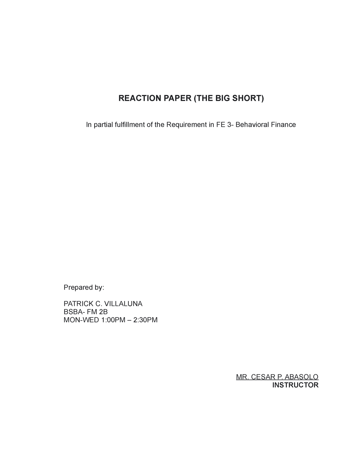 Reaction Paper Patrick Villaluna REACTION PAPER THE BIG SHORT In   Thumb 1200 1553 