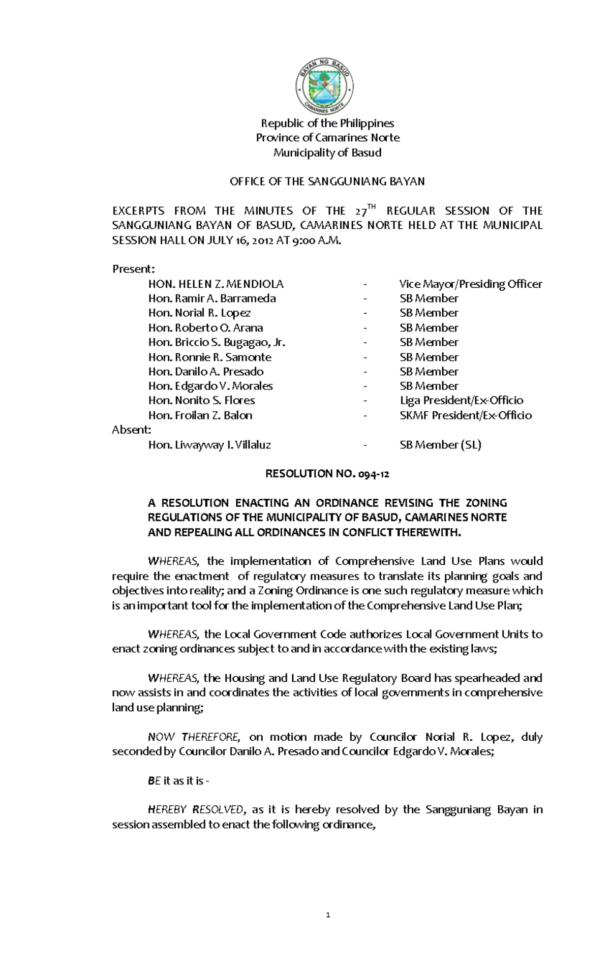 Sample Zoning Ordinance Republic of the Philippines Province of