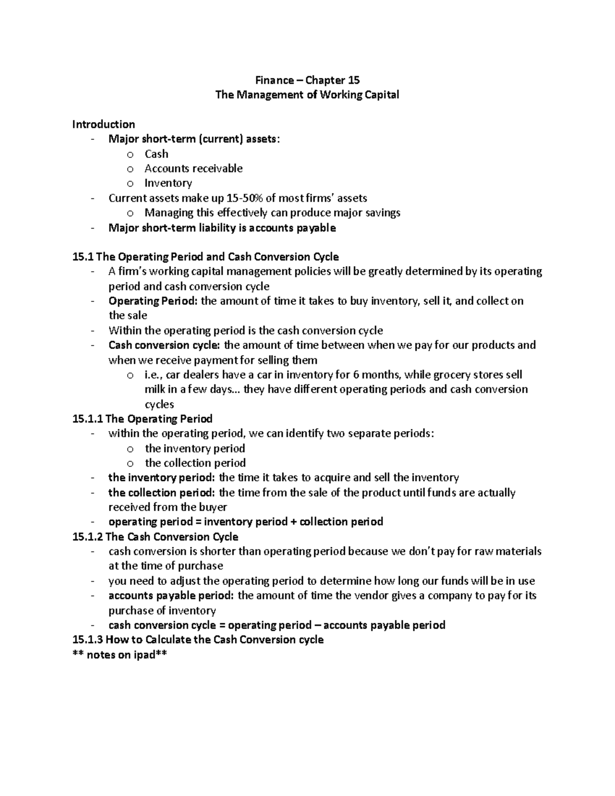 Finance - Chapter 15 - Lecture notes 15 - BU288 - WLU - Studocu