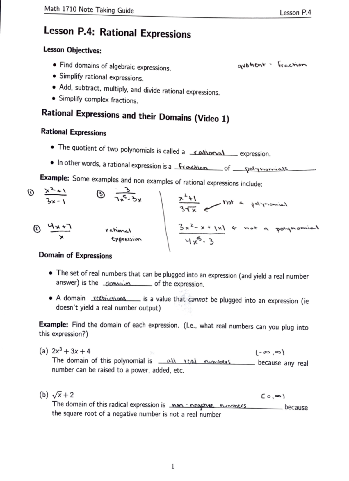 P.4 Notes - Online Instructor is Buch - Math 1710 Note Taking Guide ...