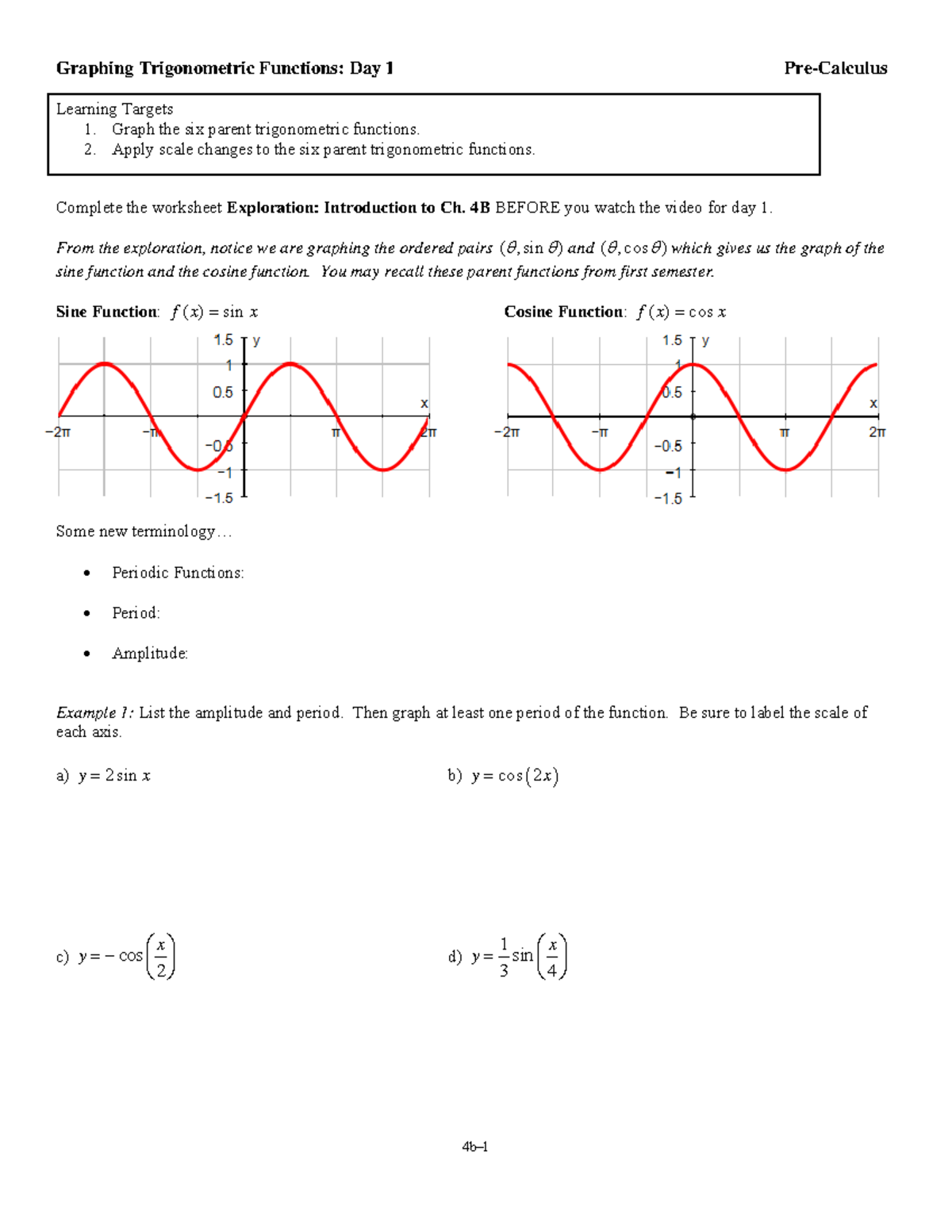 Precalc - Chapter 4B Notes - Graphing Trigonometric Functions: Day 1 ...