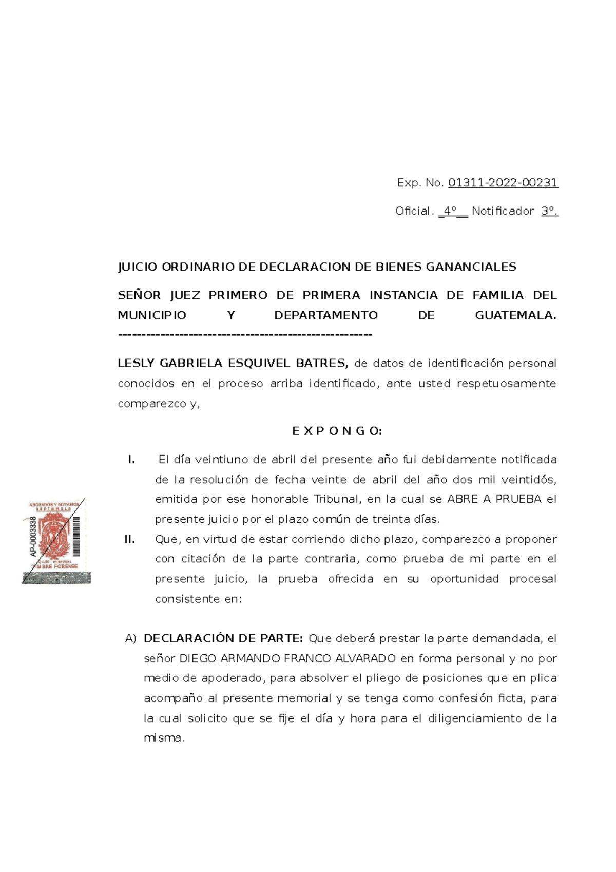 Prueba parte actora - excelente - Exp. No. 01311-2022- Oficial. 4 ...