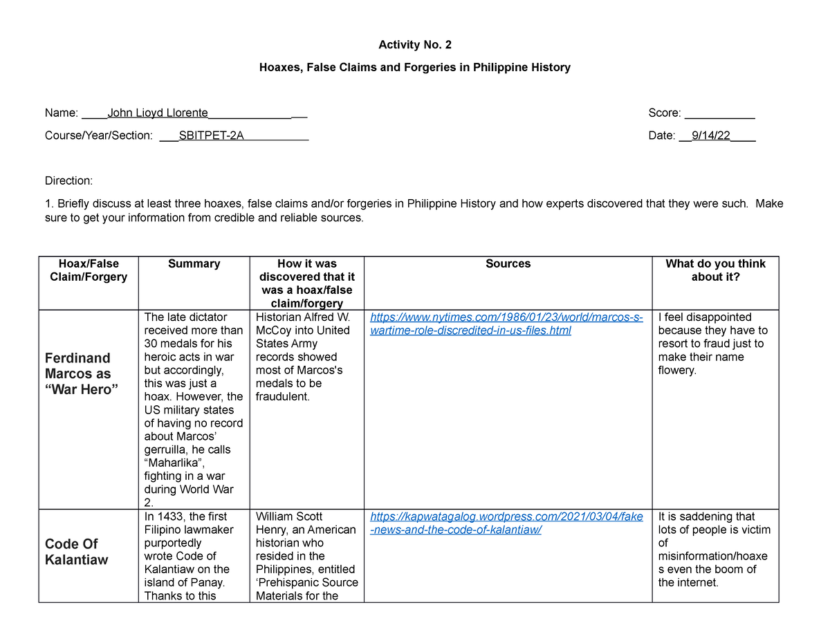 Activity No. 2 - Hoaxes, False Claims and Forgeries in Philippine ...