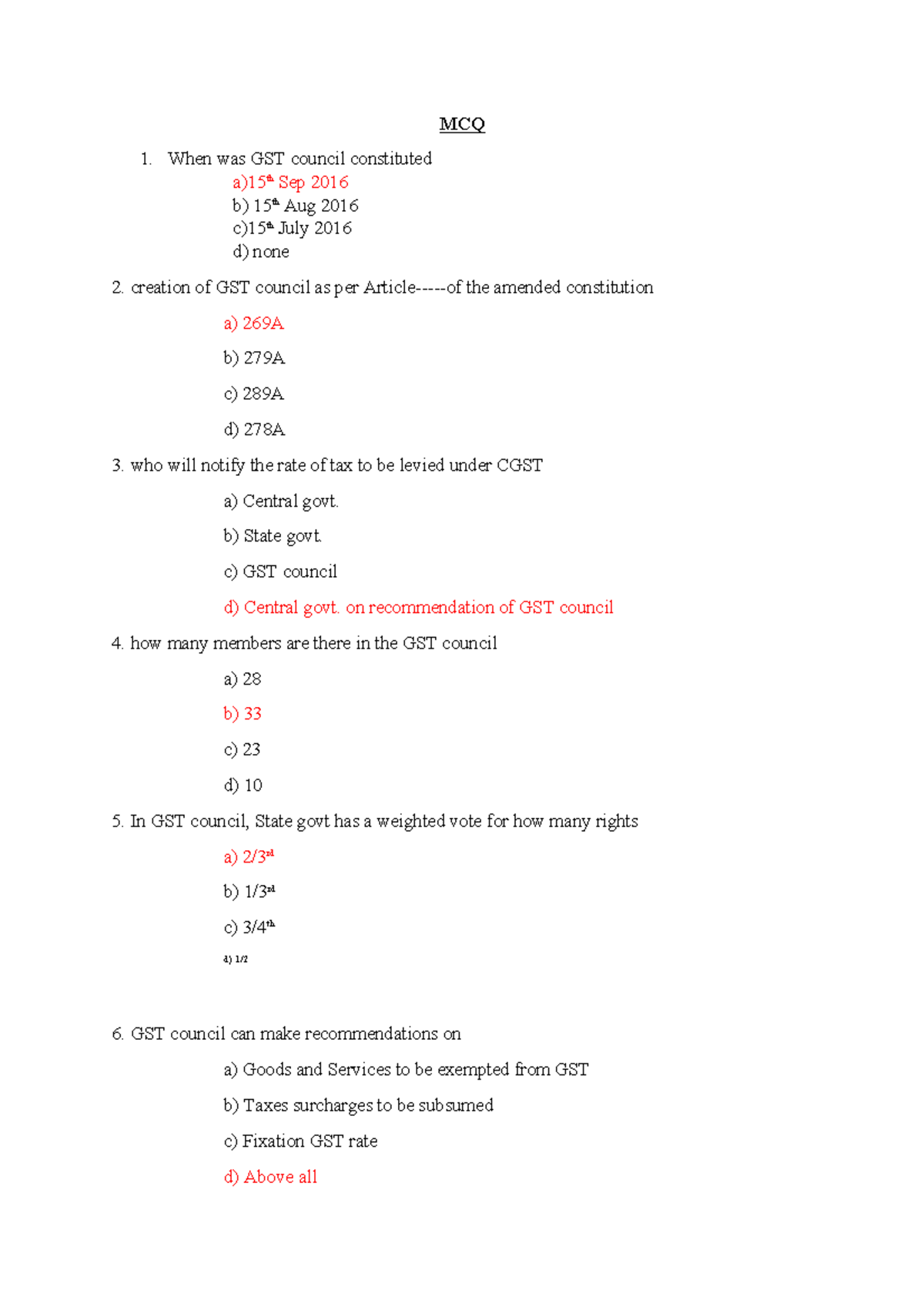 Gst Mcq 8 Mcqs On Gst Mcq When Was Gst Council Constituted A 15th