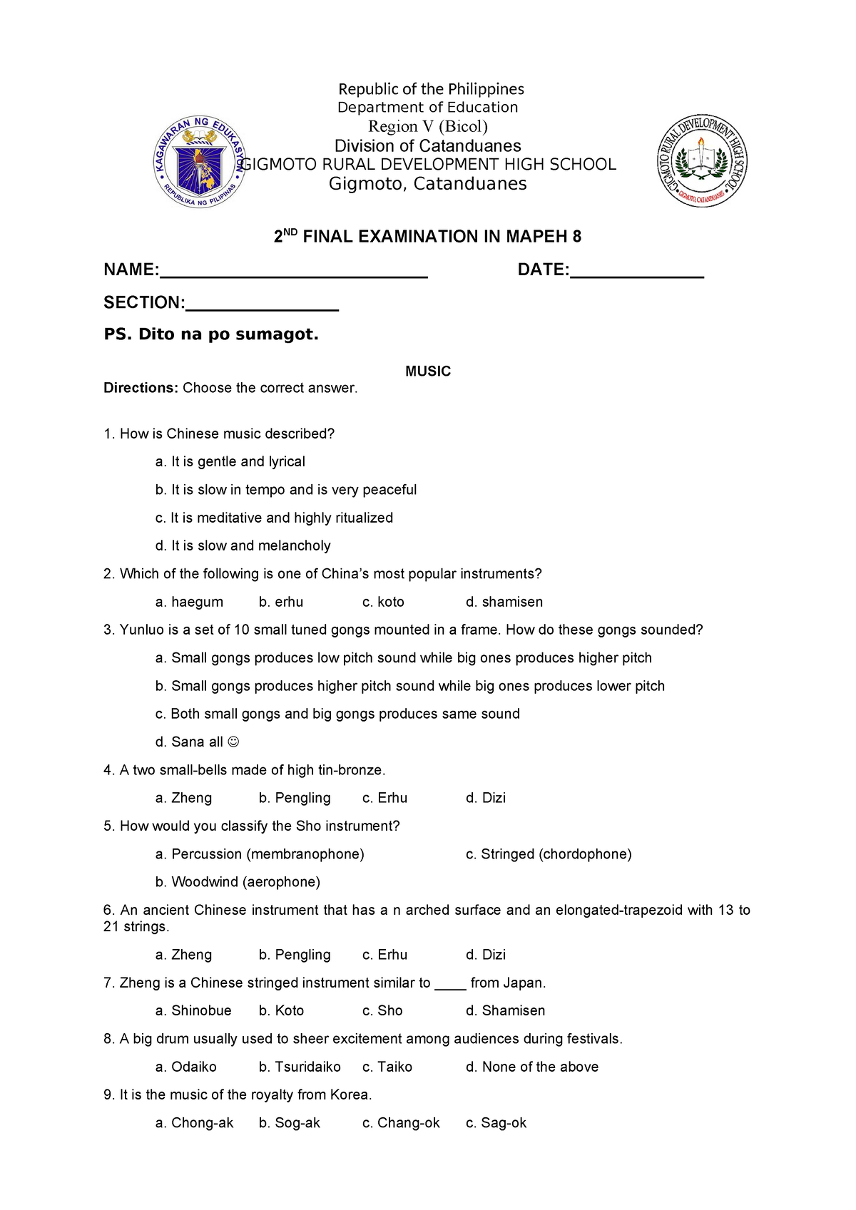 Grade 8 Mapeh 2nd Quarter - Republic Of The Philippines Department Of ...