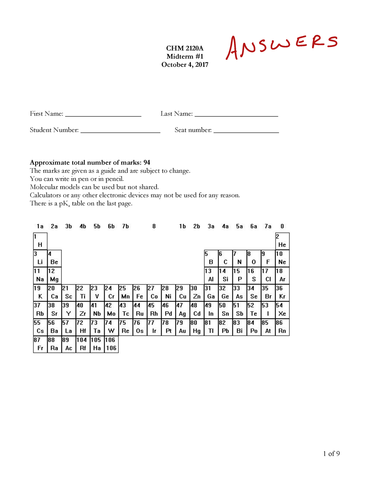 Midterm 1 CHM 2120A 2017 - Answers - 1 of 9 CHM 2120A Midterm # October ...