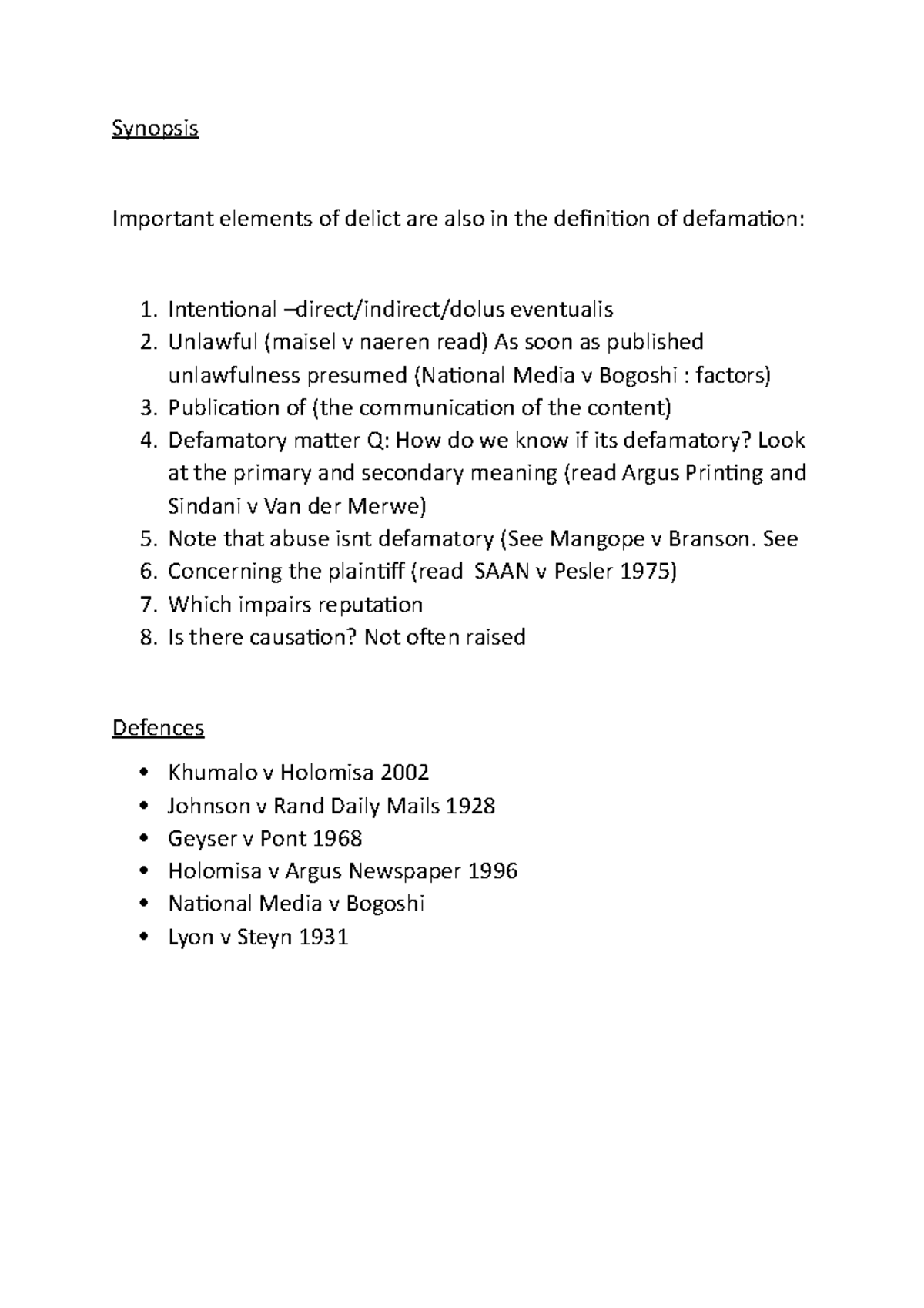 Synopsis Delict Synopsis Important elements of delict are also in