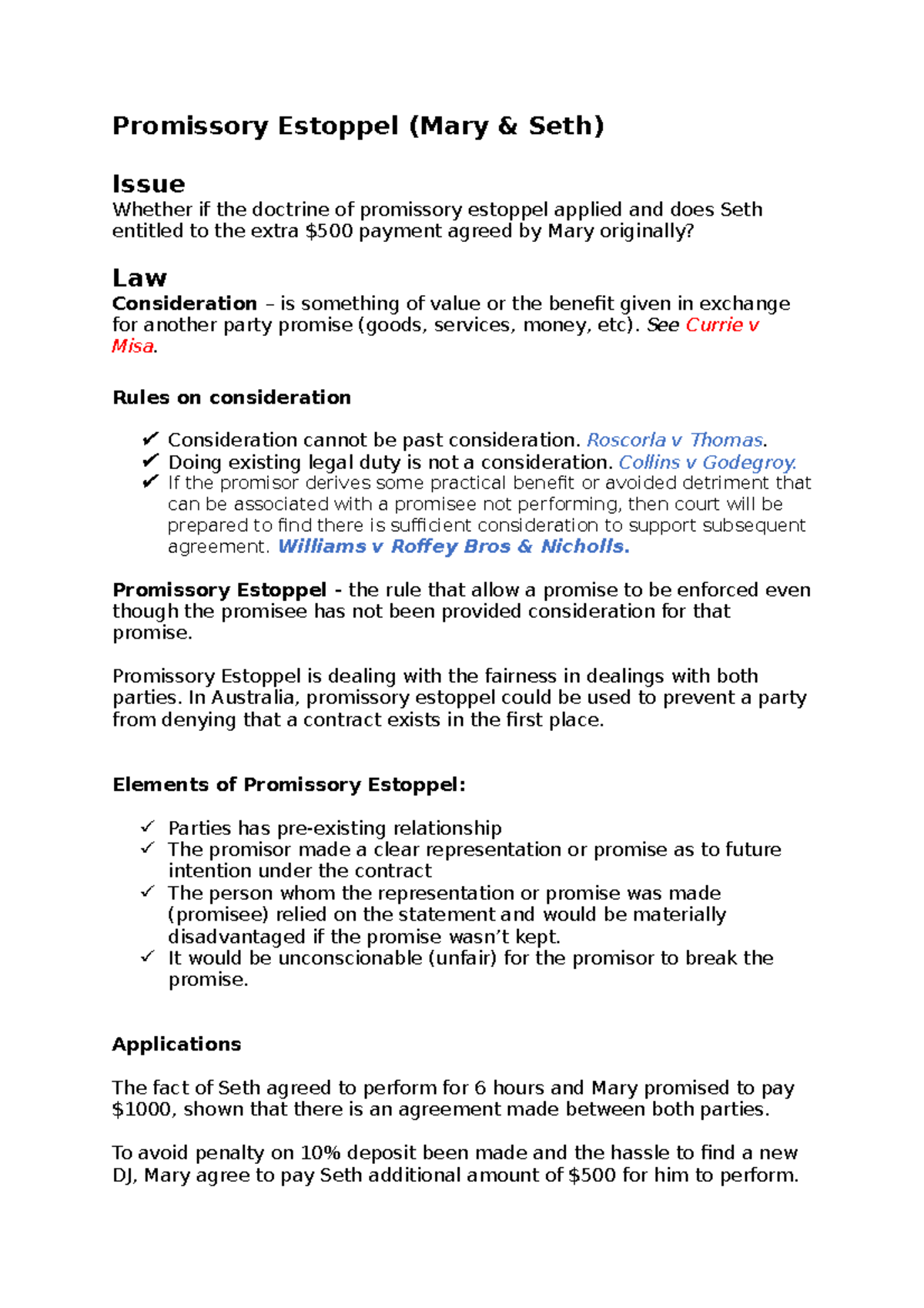 Promissory Estoppel - Summary Business law - Promissory Estoppel (Mary ...