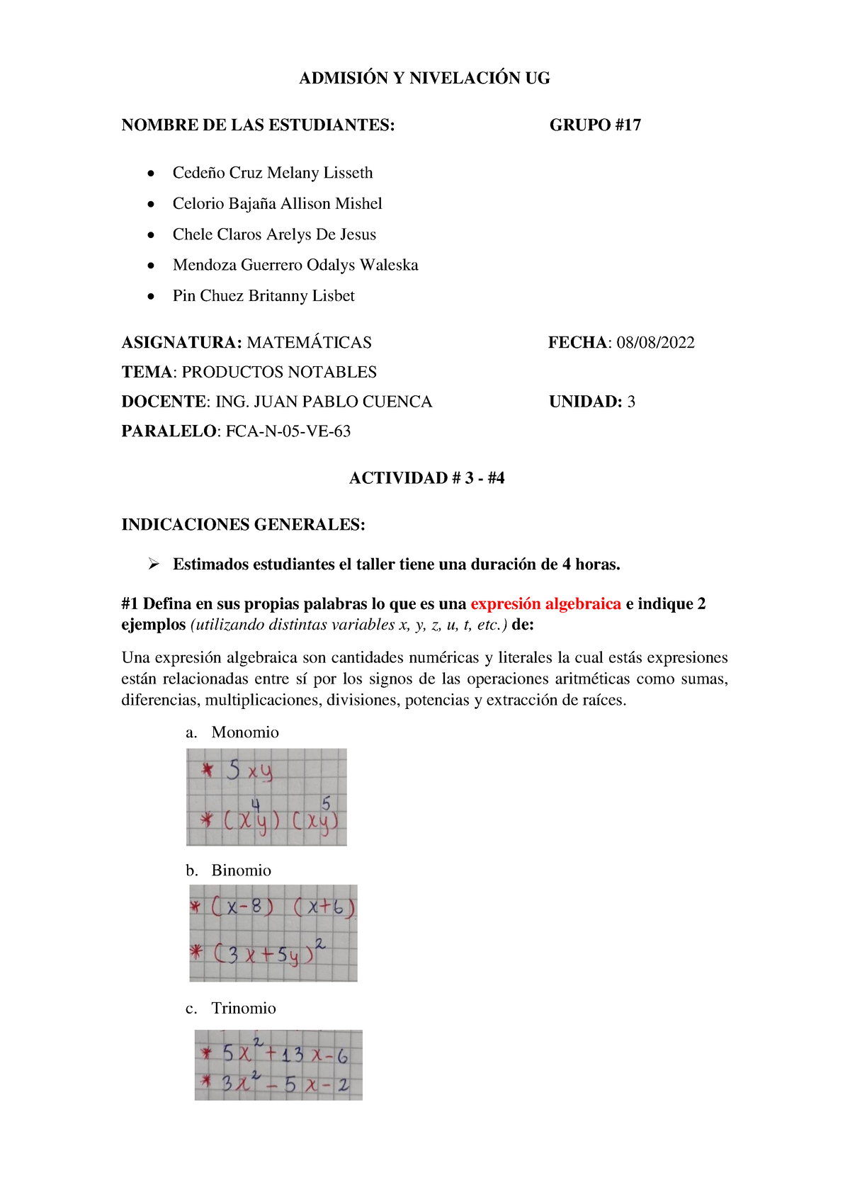 Actividad 3-4 Expresiones Algebraicas - ADMISIÓN Y NIVELACIÓN UG NOMBRE ...