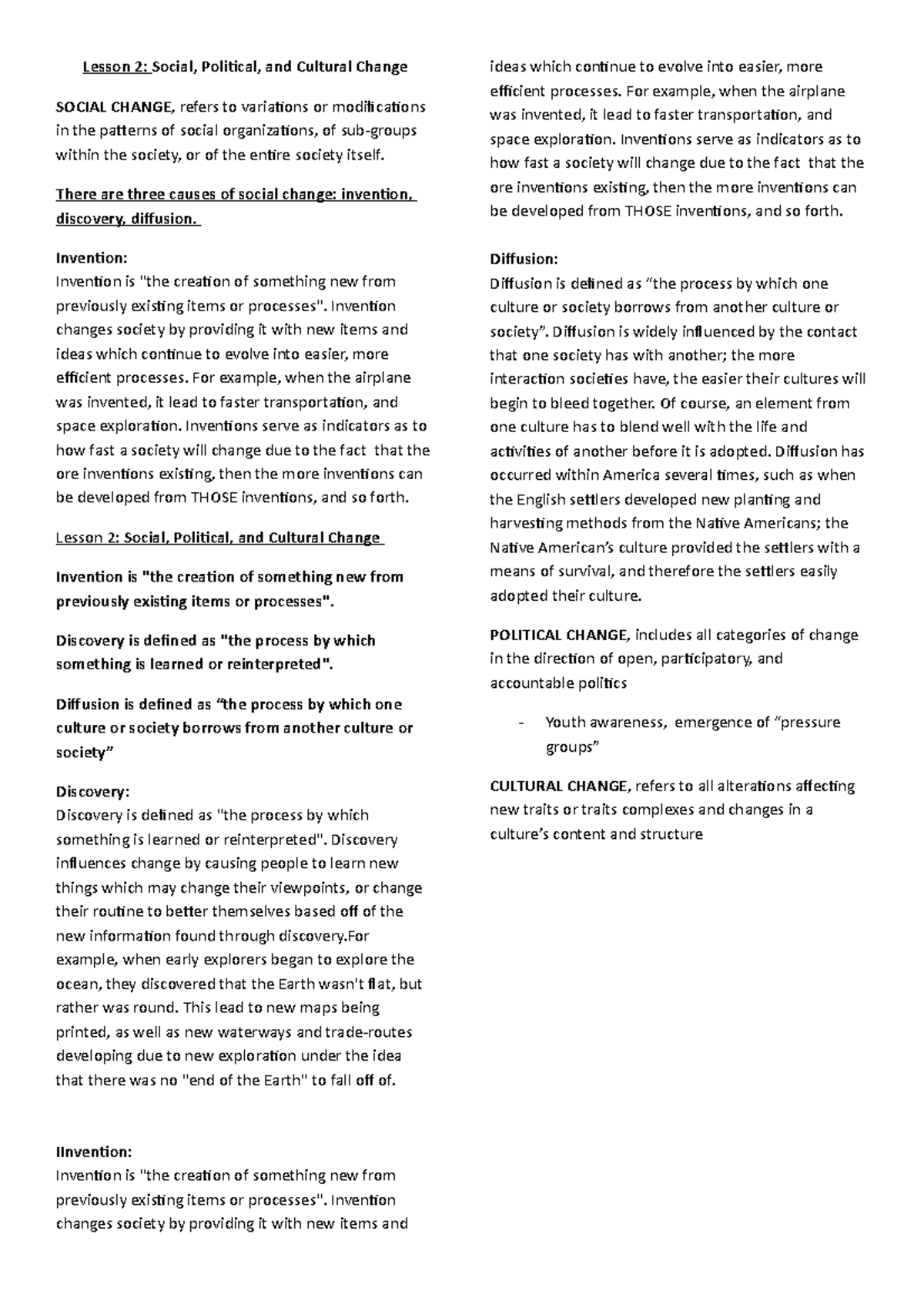 Lesson 2 Social, Political, and Cultural Change There are three