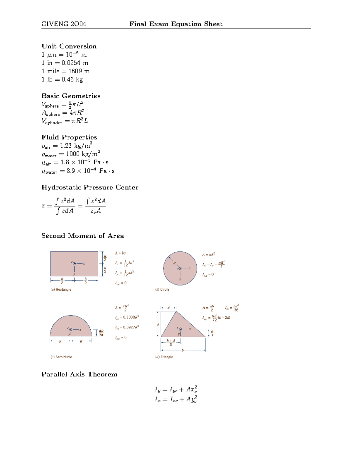 Final eqsheet - equ sjheet - CIVENG 2O04 Final Exam Equation Sheet Unit ...