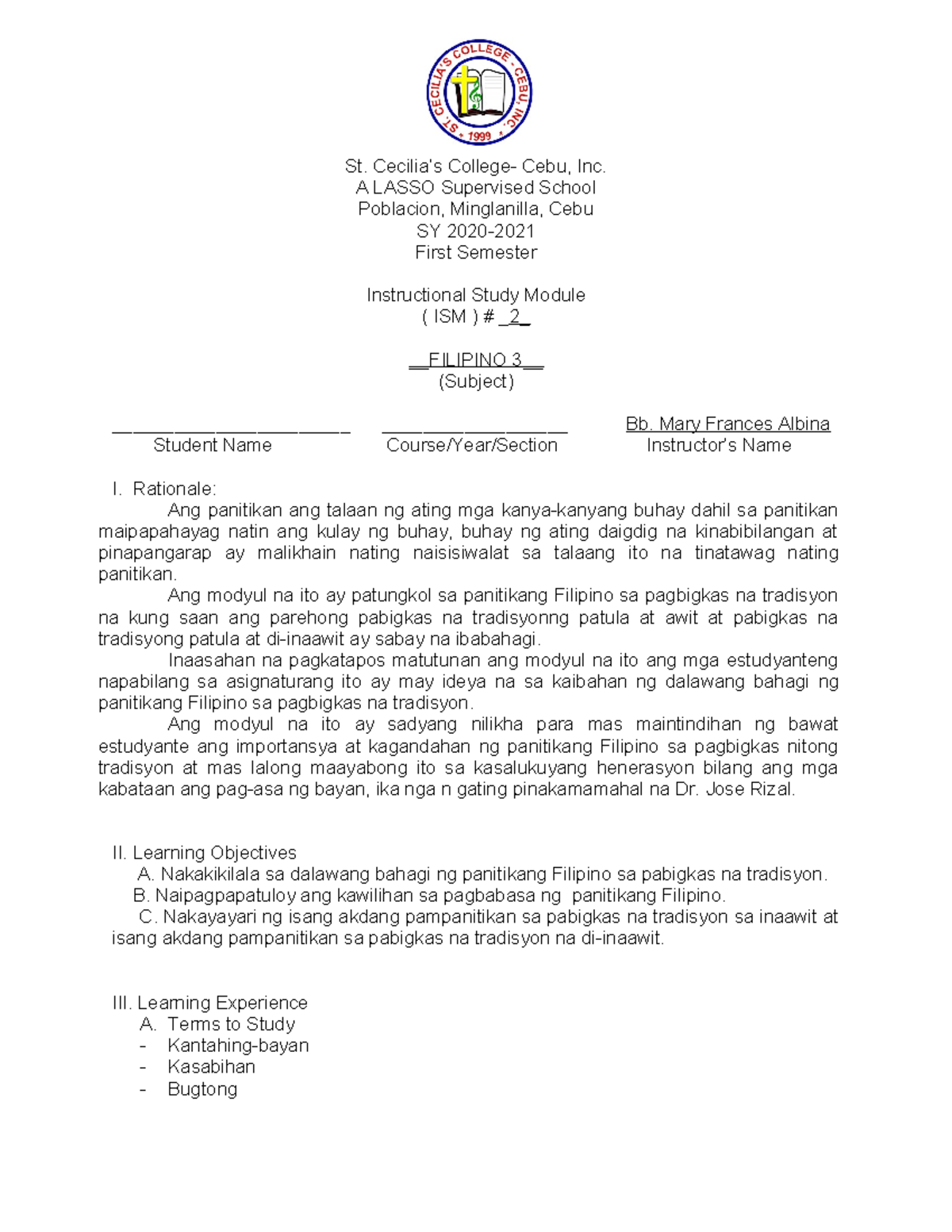 Modyul-2 - cxbfdngfmnvbnc - St. Cecilia’s College- Cebu, Inc. A LASSO ...