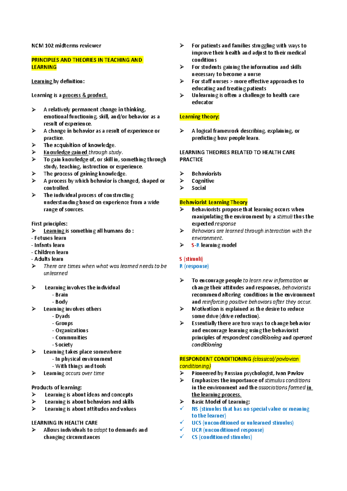 NCM 102 midterms reviewer - NCM 102 midterms reviewer PRINCIPLES AND ...