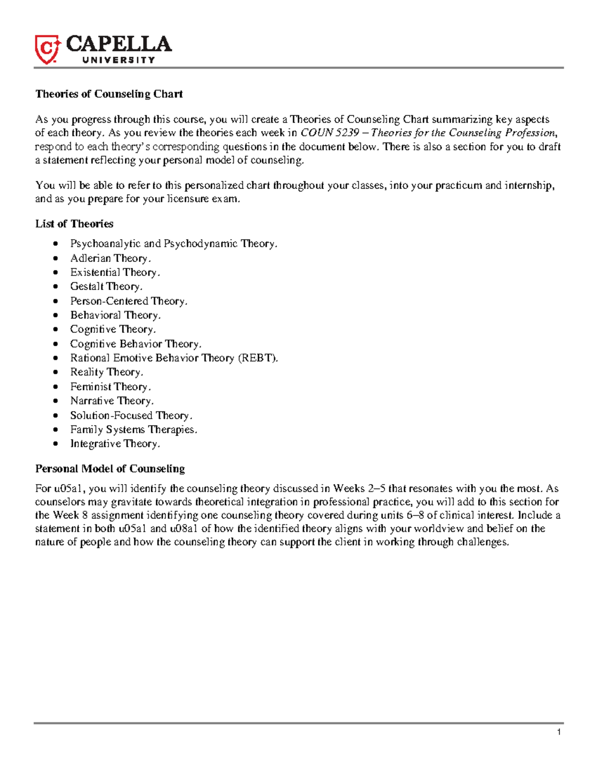 CF Theories Counseling Chart Theories of Counseling Chart As you